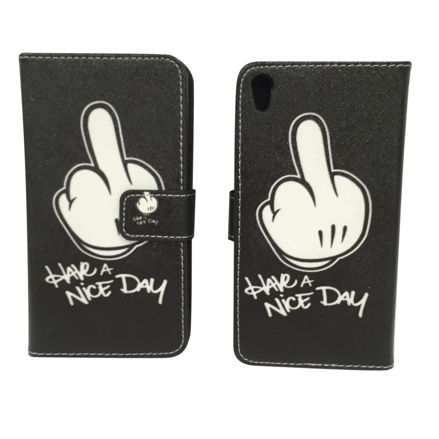 Schwarze Handyhülle mit weißer Hand, die den Mittelfinger zeigt. Text: 'Have a Nice Day'.