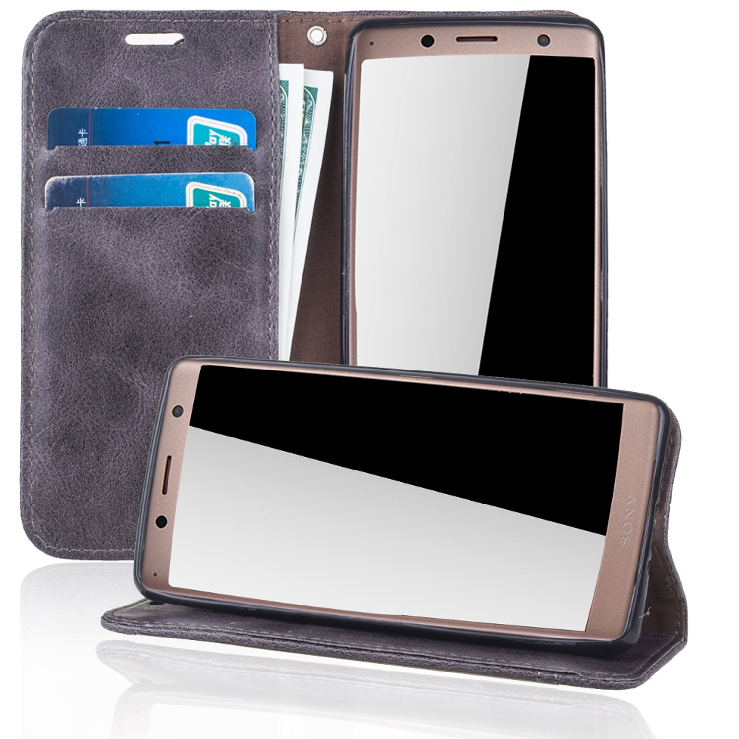 Dunkelgraue Leder-Handyhülle mit Telefon. Geld und Karten in der Tasche.