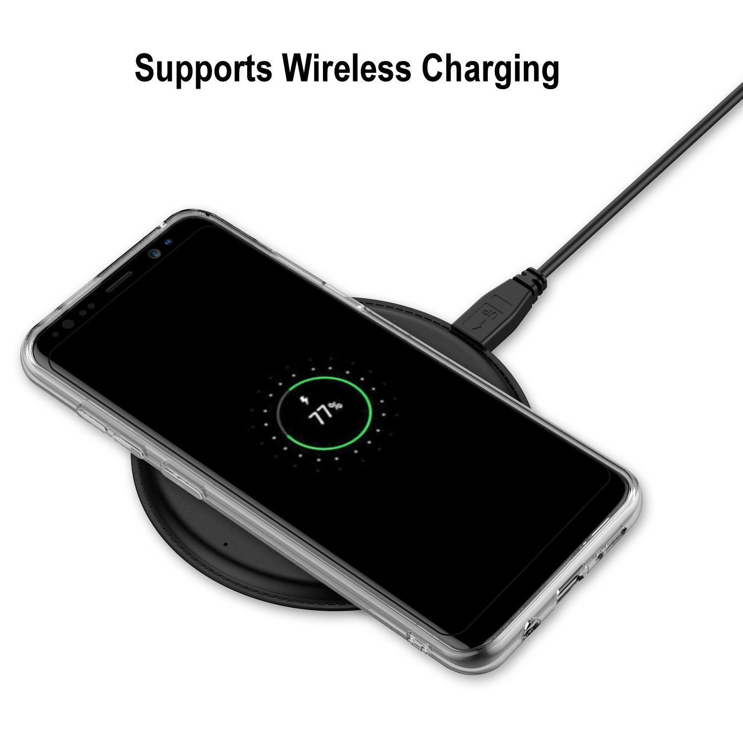 Ein Telefon, das drahtlos auf einem schwarzen Pad geladen wird. Das Telefon zeigt den Ladefortschritt.