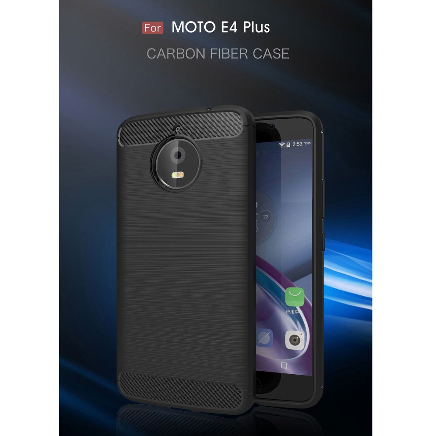 Schwarze Carbonfaser-Hülle für ein Moto E4 Plus. Das Telefon ist im Case, im Hochformat.