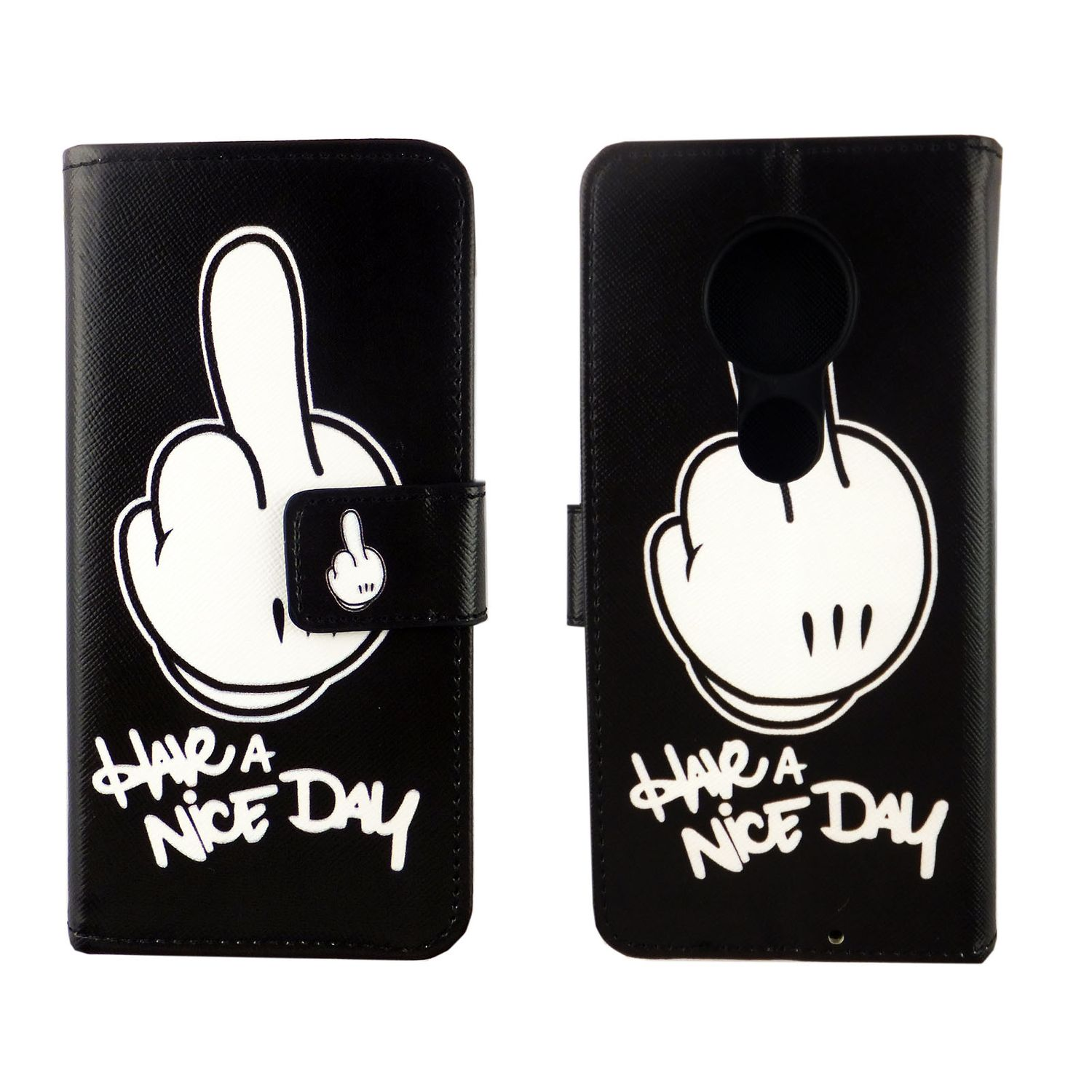 Schwarze Handyhülle mit Mittelfinger-Design, offen und geschlossen, weißer Hintergrund.