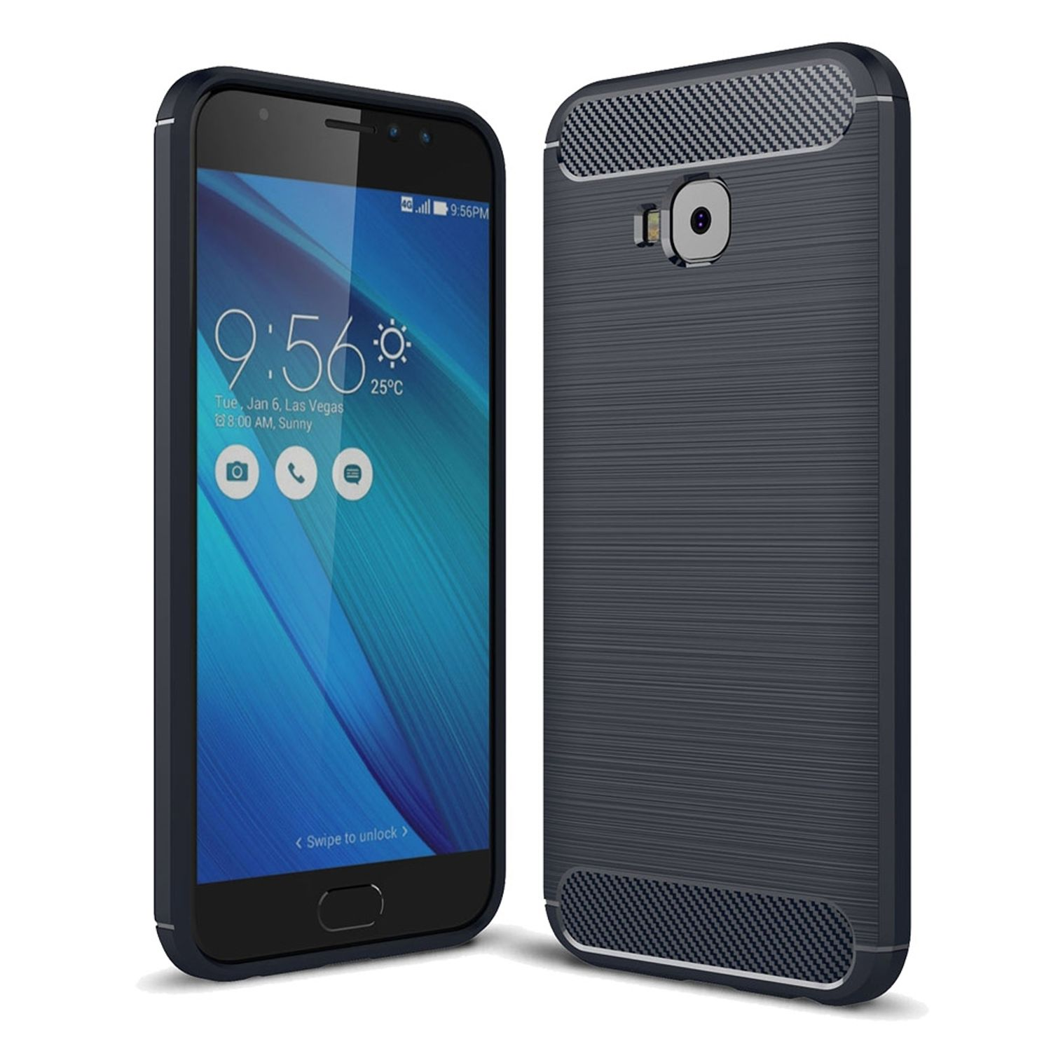 Telefon mit dunkelblauer Hülle, zeigt Bildschirm und Rückseite.