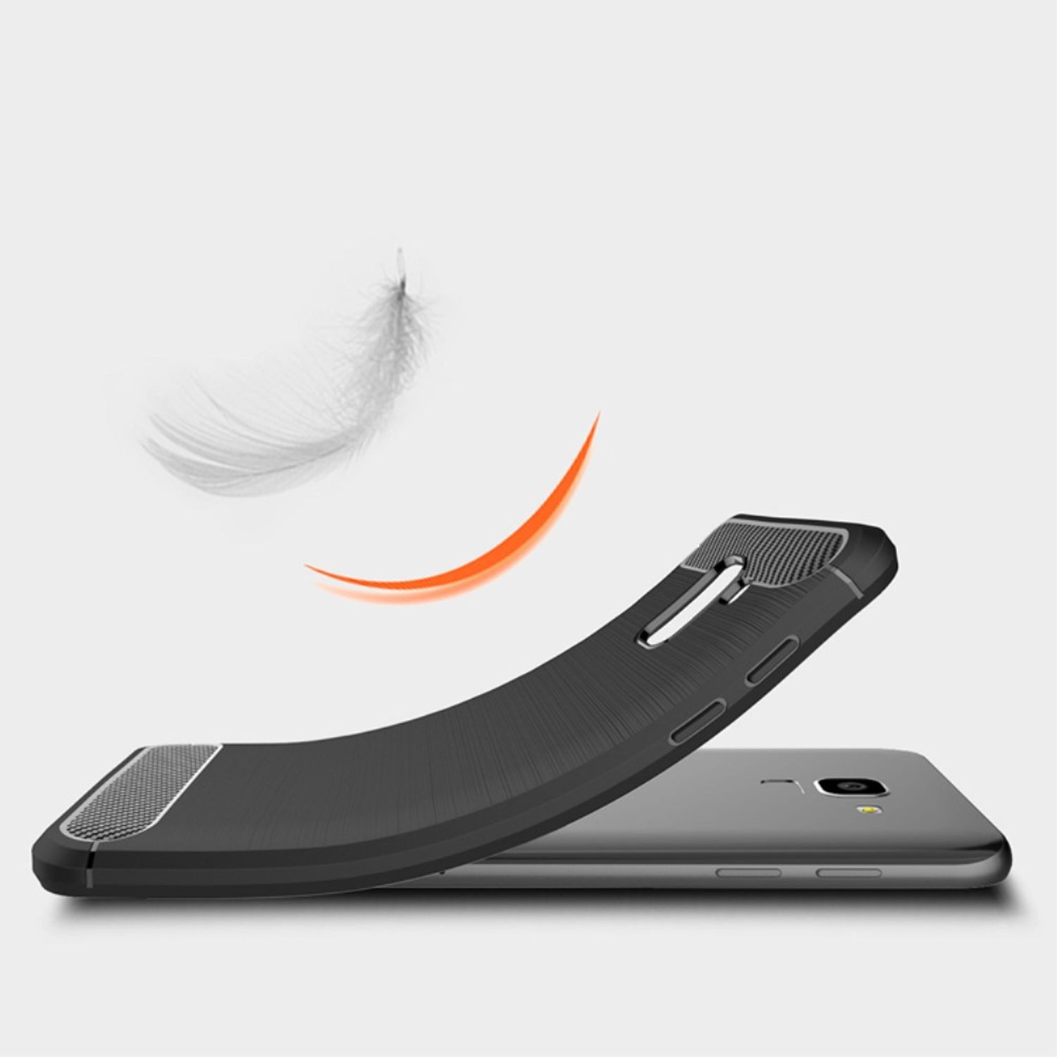 Schwarze Handyhülle mit Federgrafik, die sich von einem Telefon wegkrümmt.