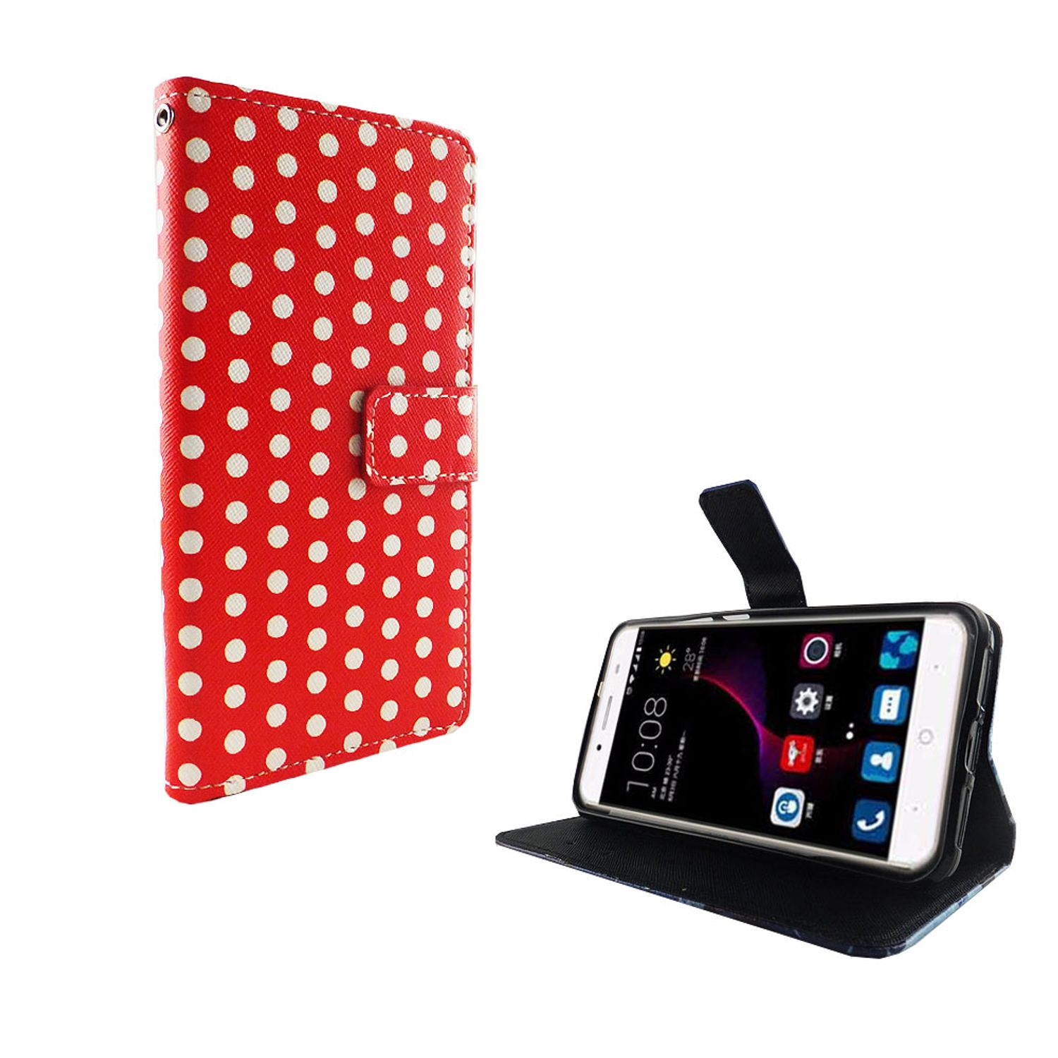 Rote Handyhülle mit weißen Polka Dots. Die Hülle ist offen, mit einem Telefon darin.