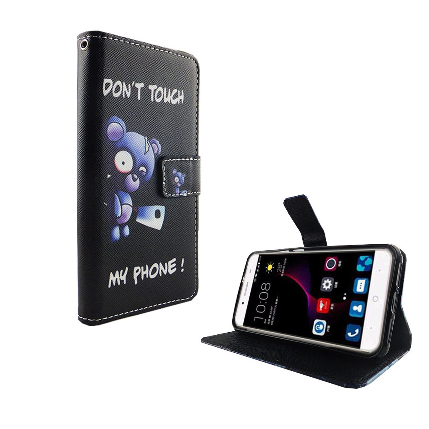 Schwarze Handyhülle mit einem Cartoon-Bären, der ein Messer hält, und dem Text 'DON'T TOUCH MY PHONE!'