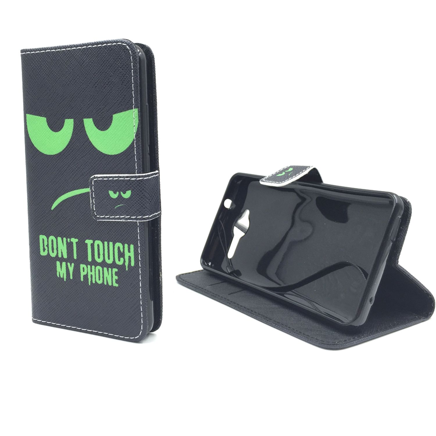 Schwarze Handyhülle mit grünem, wütendem Gesichtsdesign und der Aufschrift "DON'T TOUCH MY PHONE".