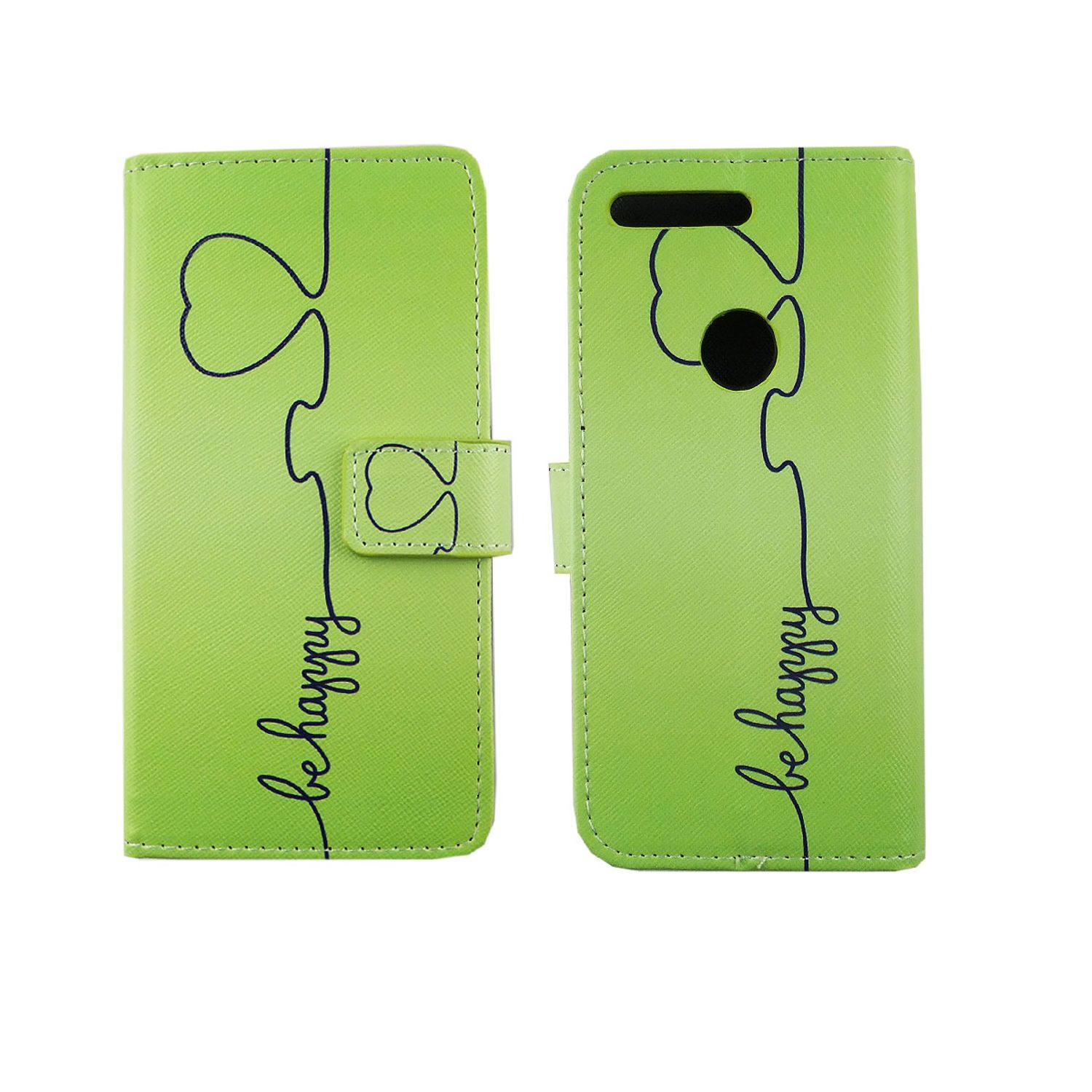 Grüne Handyhülle mit floralem Design und dem Wort 'be happy'.