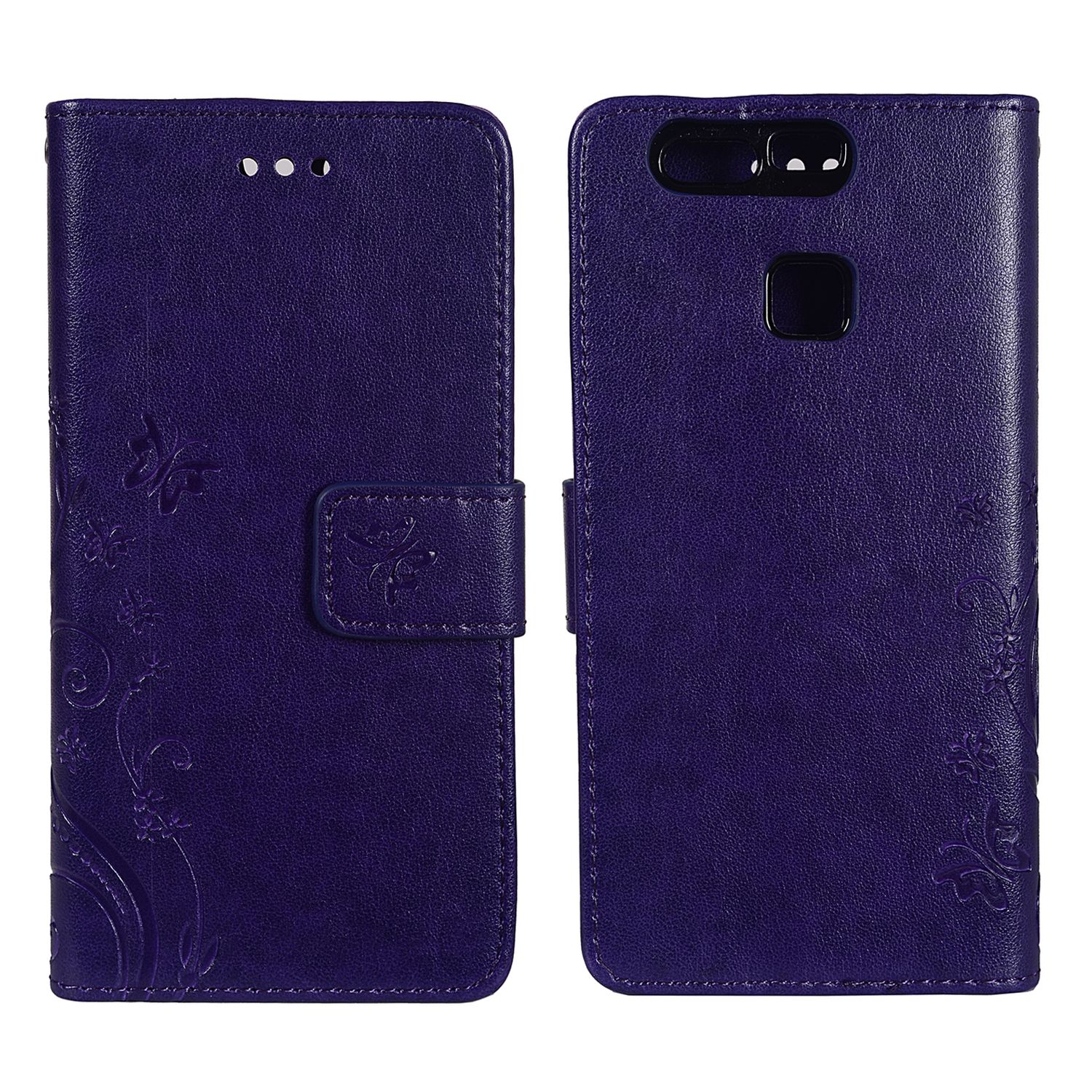 Lila Handyhülle mit floralem Design. Geöffnet, um das Handy zu zeigen.