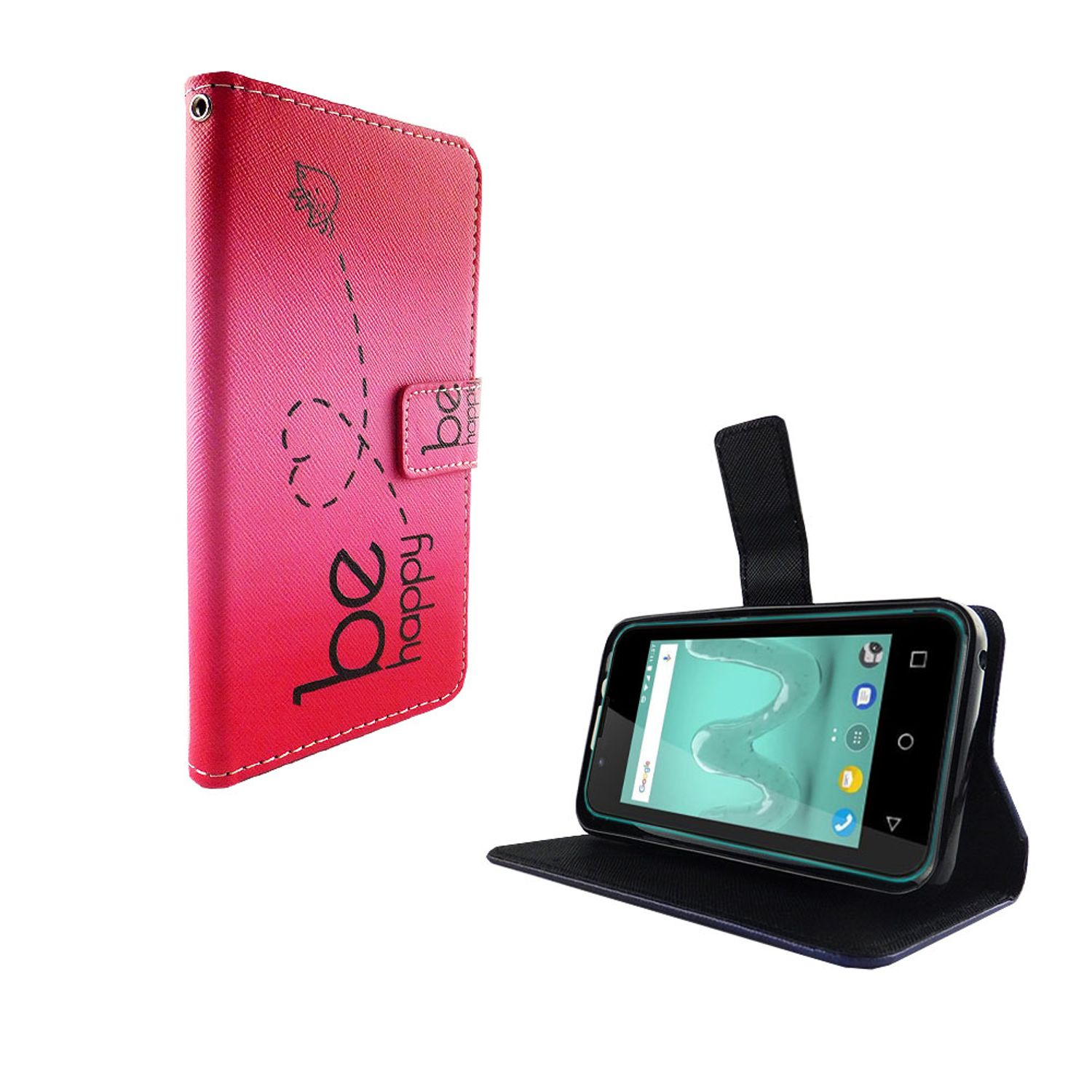 Rosa Handyhülle mit einem Design, das besagt, sei glücklich. Ein Telefon ist in der Hülle geöffnet.
