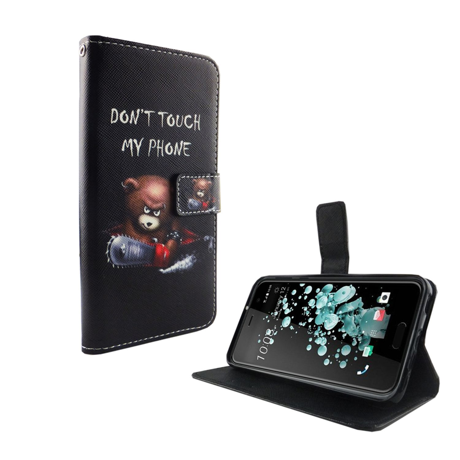 Schwarze Handyhülle mit Bär, Kettensäge und Text "DON'T TOUCH MY PHONE".