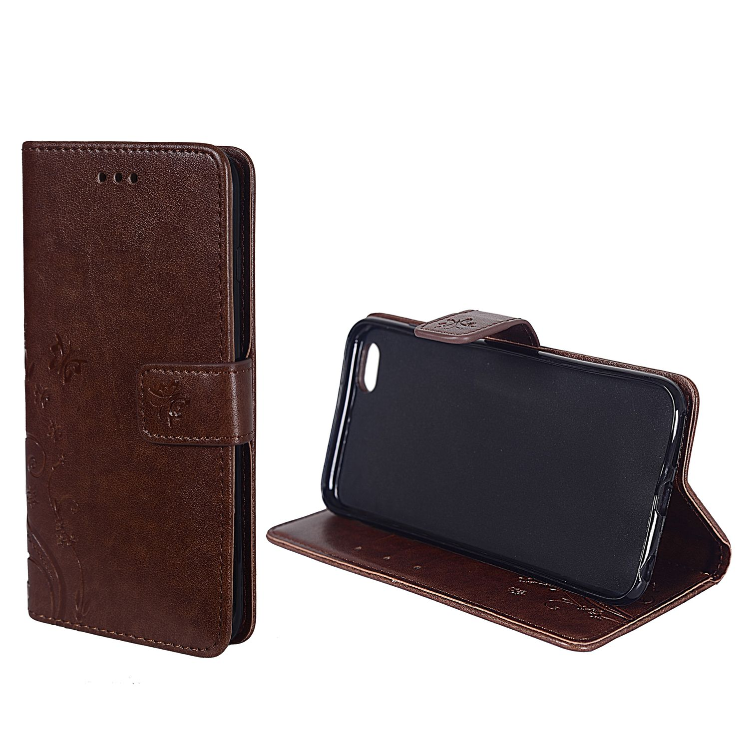 Braune Leder-Handyhülle mit Telefon. Blumendesign. Geöffnete und geschlossene Ansicht.
