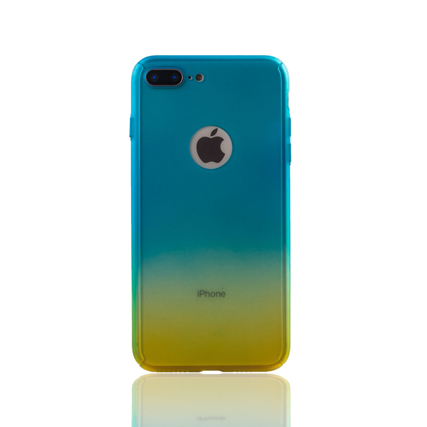 iPhone-Hülle mit Farbverlauf von Blau nach Gelb. Apple-Logo sichtbar.