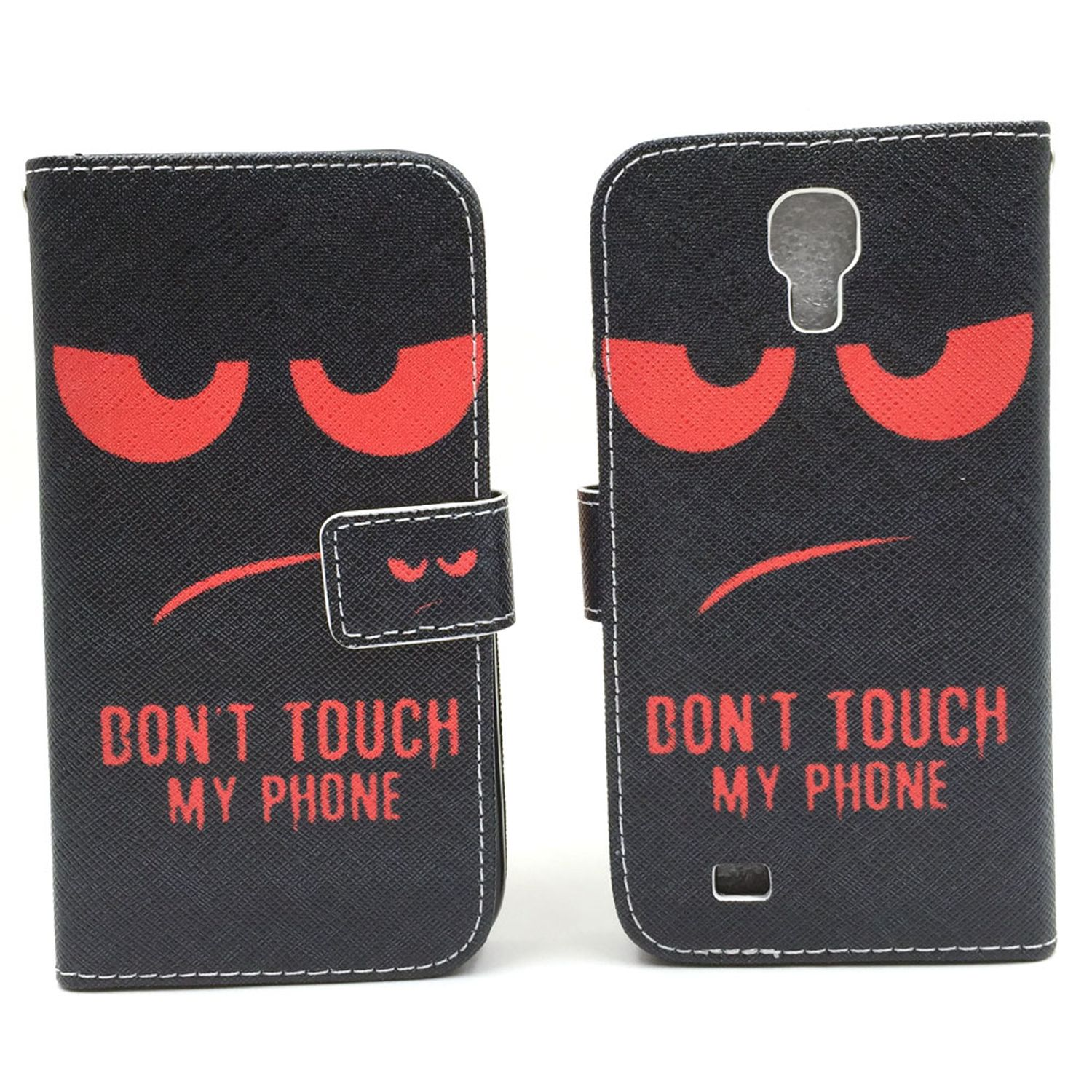 Eine schwarze Handyhülle mit einem roten, wütenden Gesicht und dem Text 'DON'T TOUCH MY PHONE'.