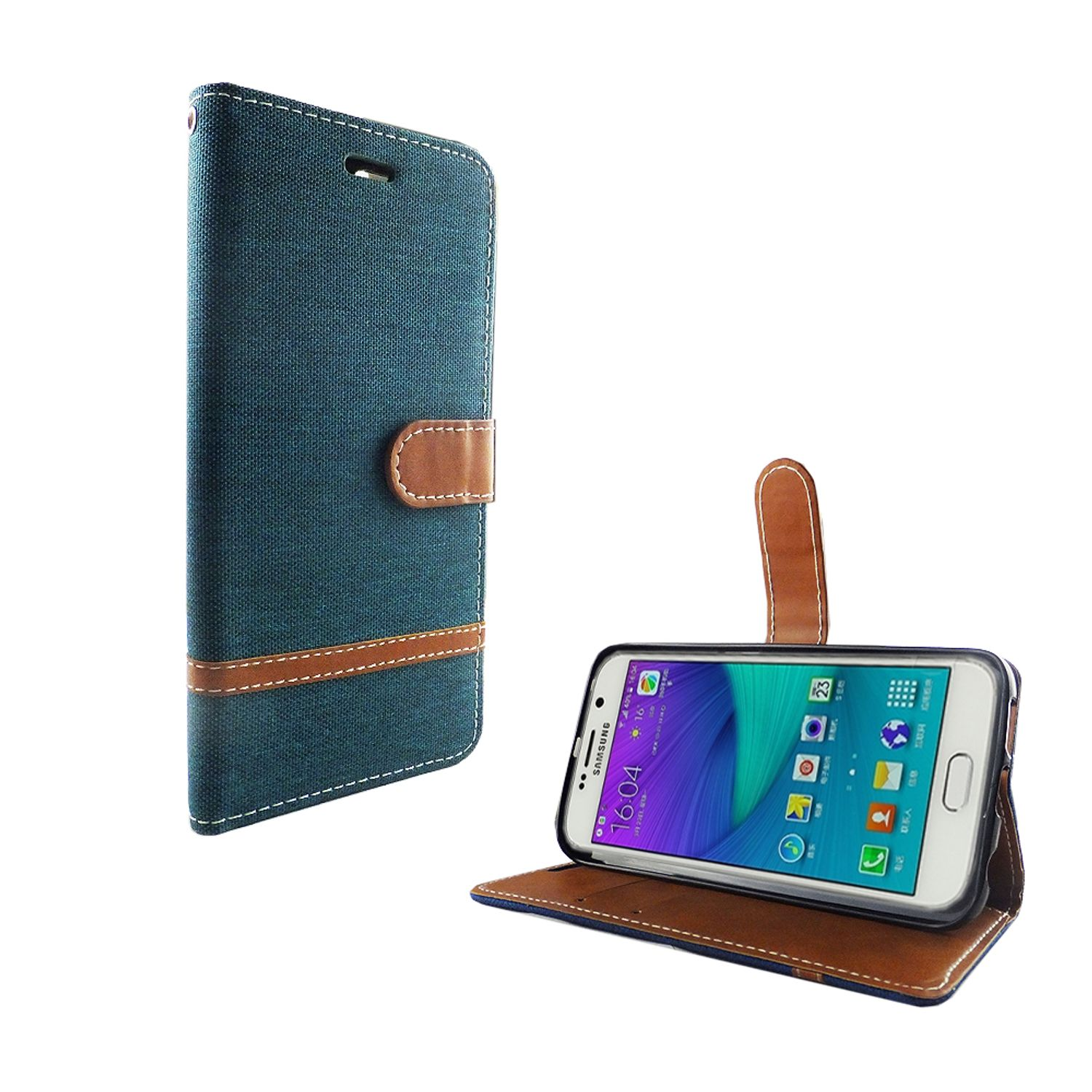 Blau-braune Handyhülle, geöffnet, um das Telefon zu zeigen. Leinwandartige Textur. Beiger Knopfverschluss.