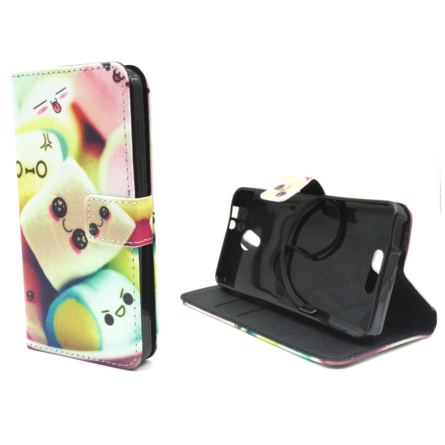 Handyhülle mit Marshmallow-Design, offen mit einem Telefon im Inneren. Die Hülle ist bunt.
