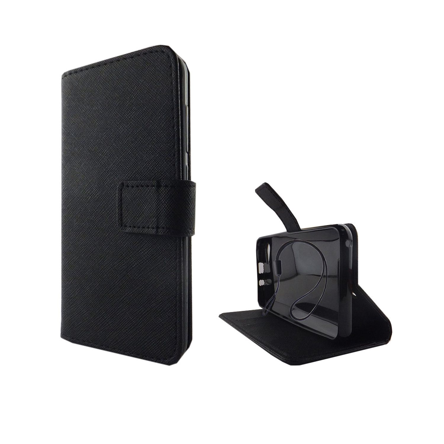 Schwarze Handyhülle mit Telefon. Die Hülle ist links geschlossen und rechts offen.