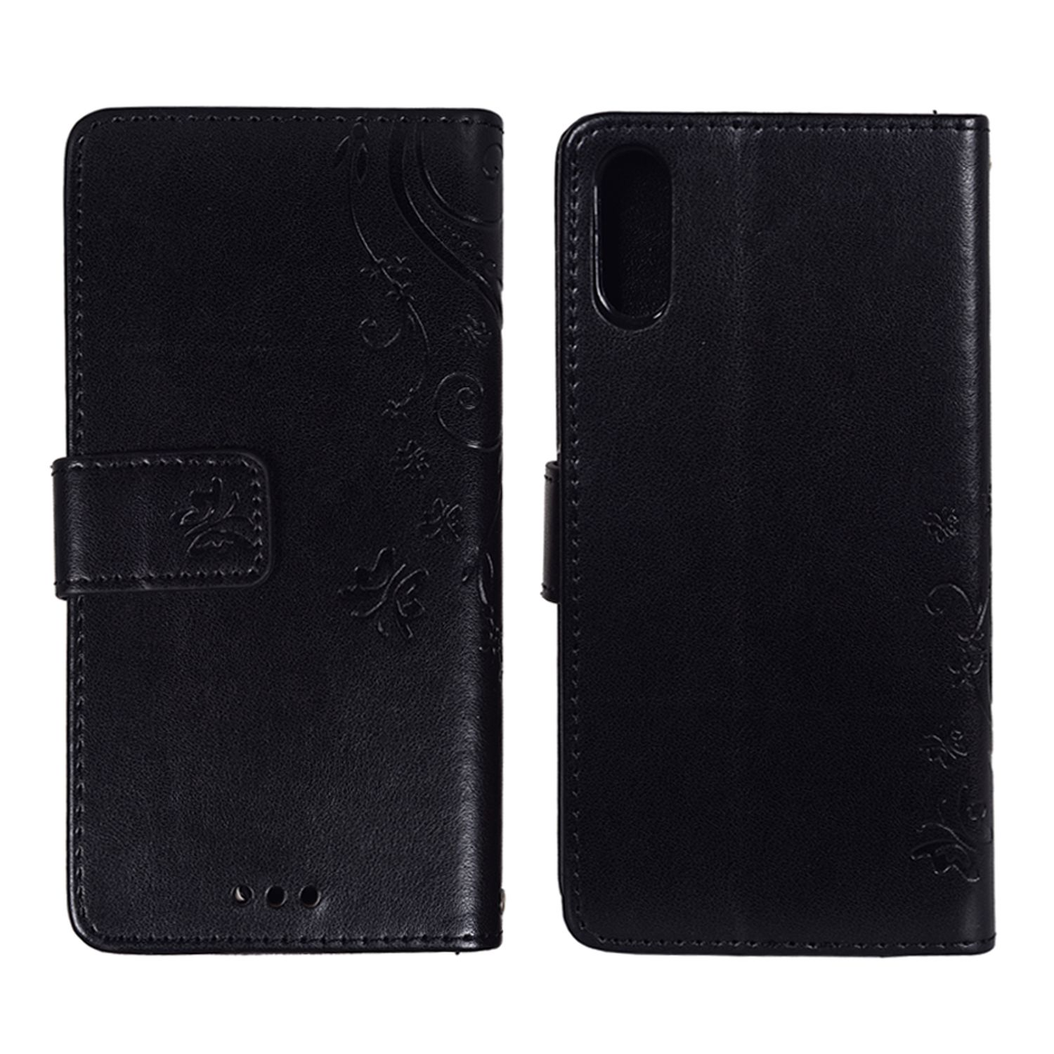 Schwarze Handyhülle mit floralem Design und einem Telefon darin.