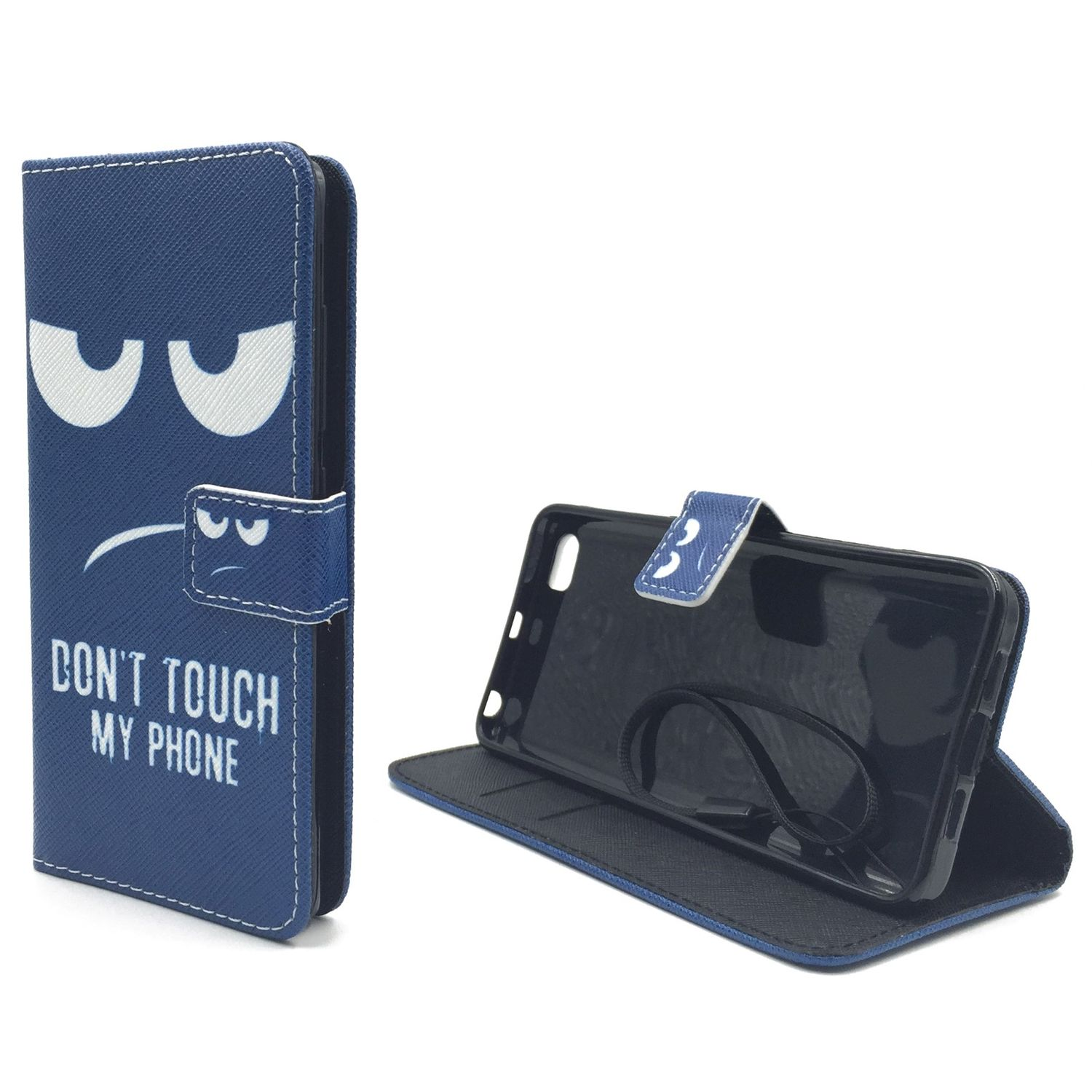 Blaue Handyhülle mit grimmigem Gesicht und Text "DON'T TOUCH MY PHONE".