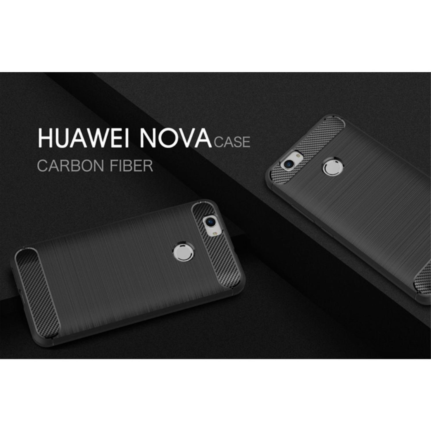 Schwarze Handyhüllen mit Carbonfaser-Textur. Die Huawei Nova Hülle wird gezeigt.