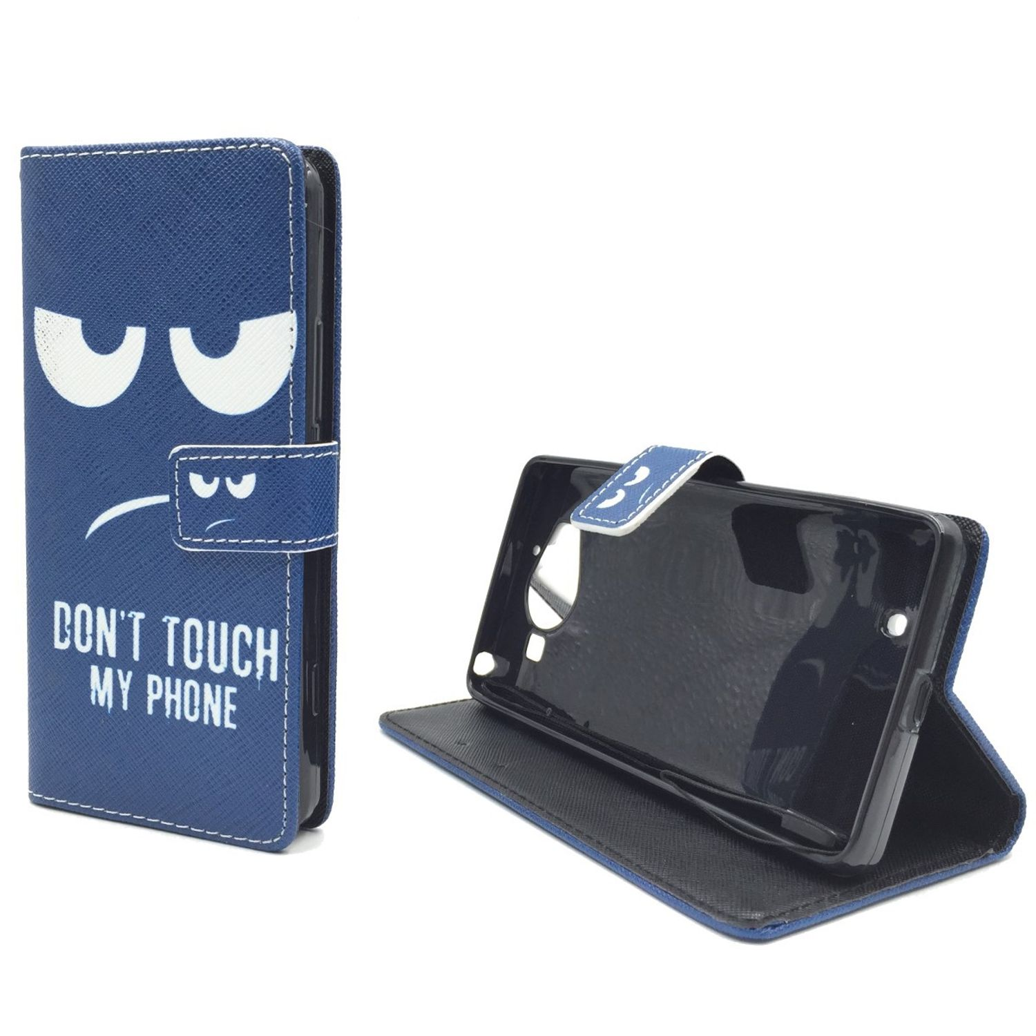Blaue Handyhülle mit Text 'DON'T TOUCH MY PHONE' und Telefon darin.