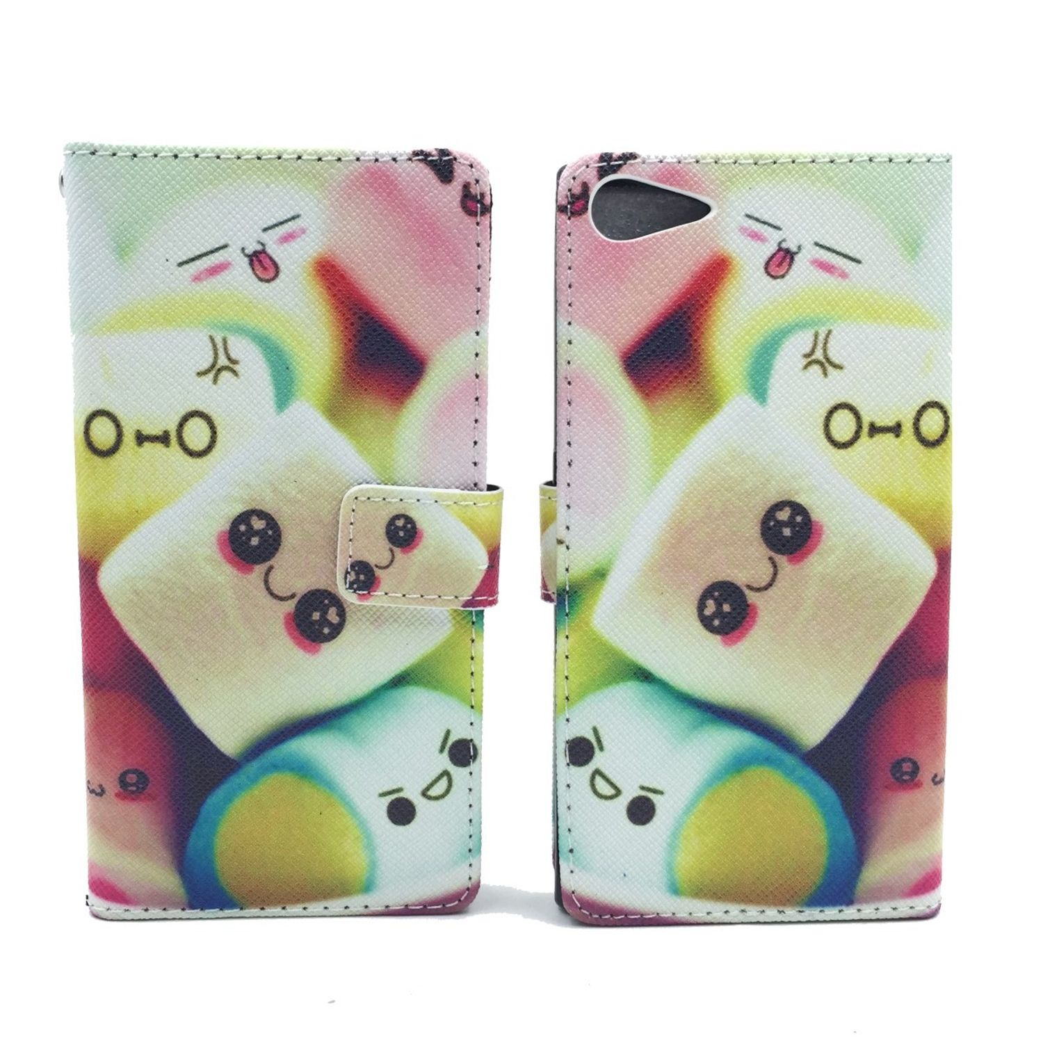 Eine Handyhülle mit Marshmallows mit Gesichtern. Geöffnete und geschlossene Ansichten.