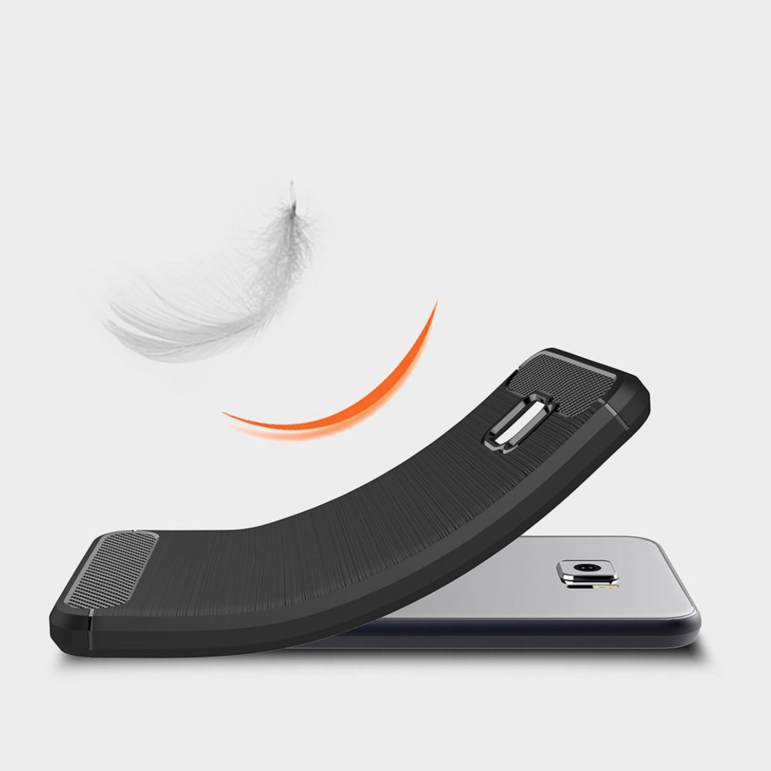 Schwarze Handyhülle wird gebogen, mit dem Telefon darin. Im Hintergrund ein Federmotiv und eine orangefarbene Kurve.