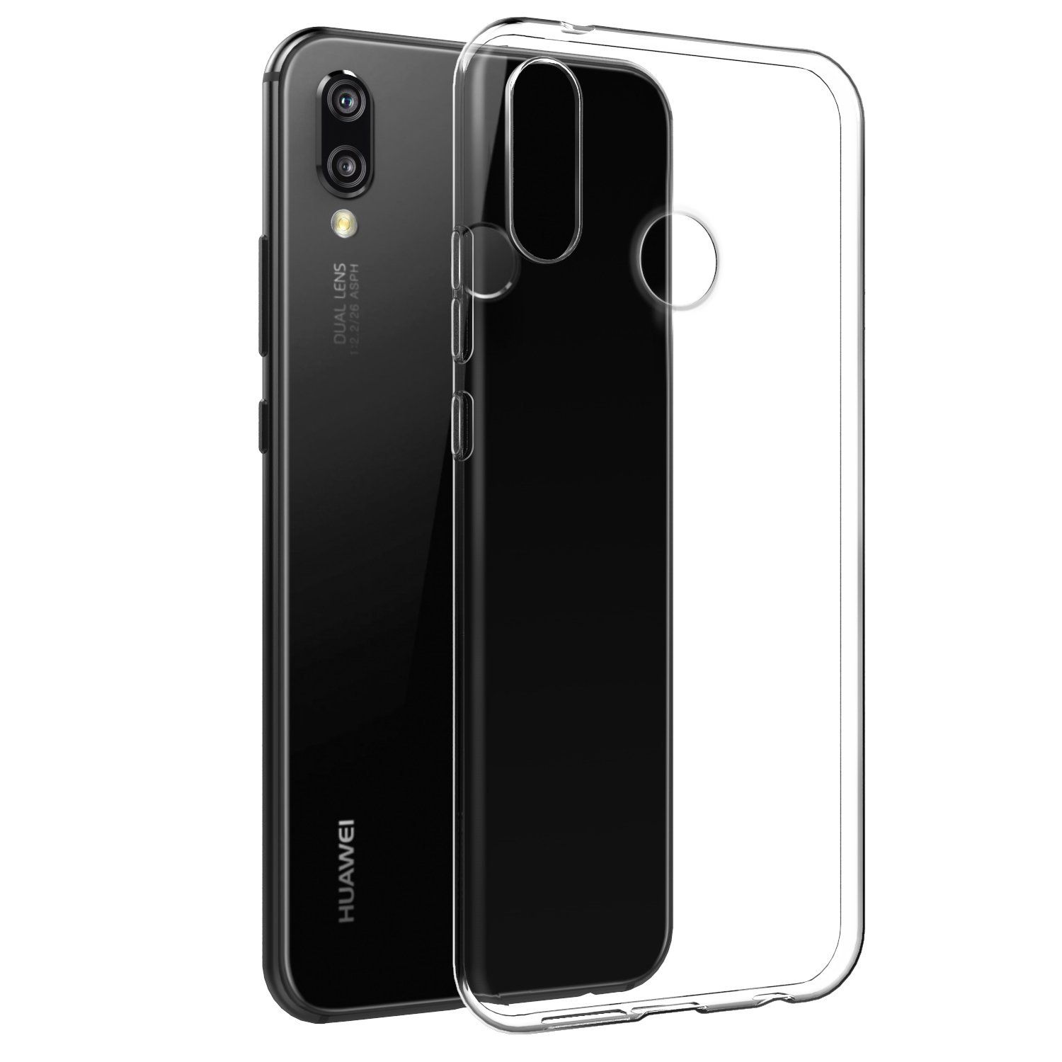 Ein schwarzes Telefon mit einer transparenten Hülle wird gezeigt. Das Telefon hat Dual-Kameras und eine schwarze Rückseite.