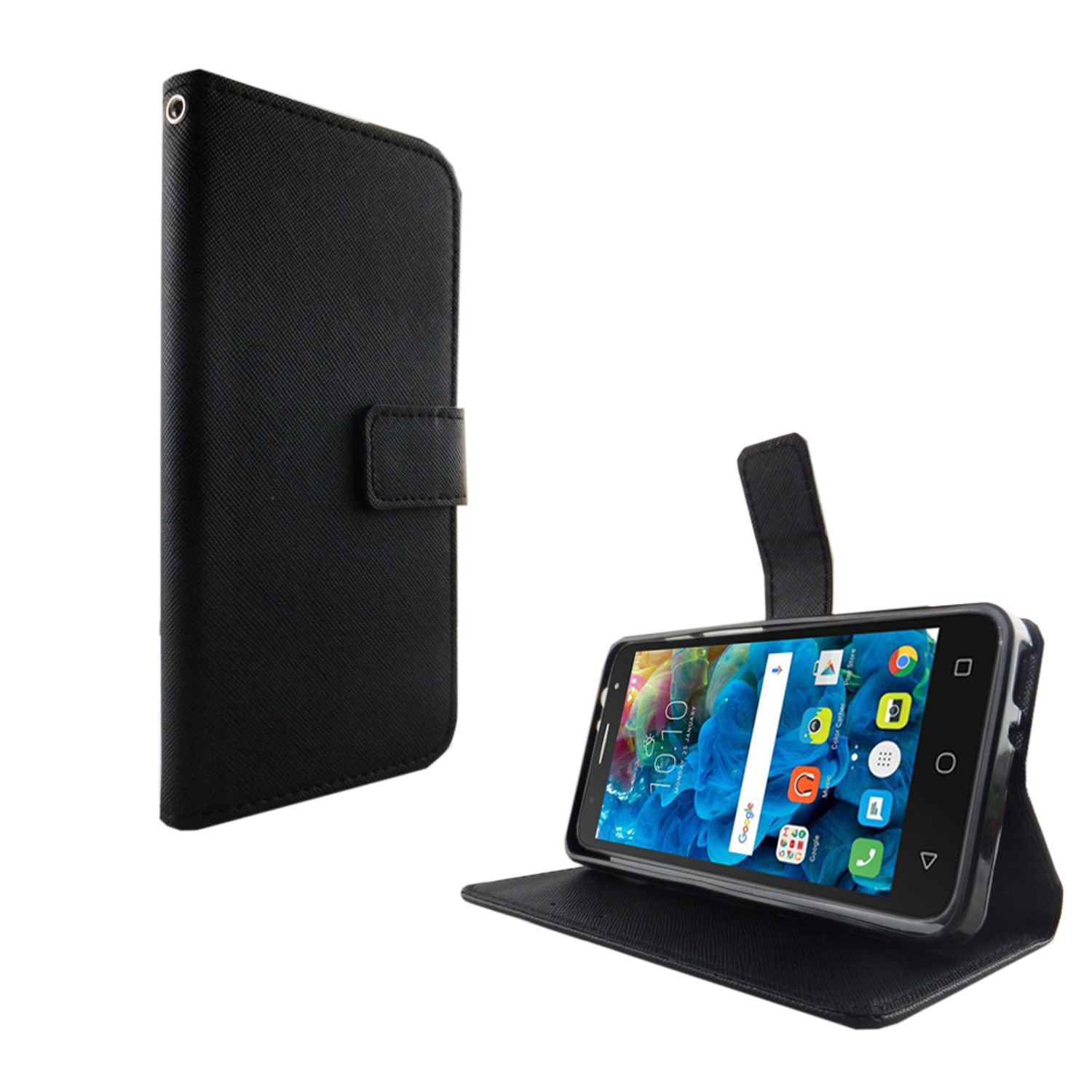 Schwarze Handyhülle mit Telefon darin, offen. Die Hülle hat ein schlichtes Design.