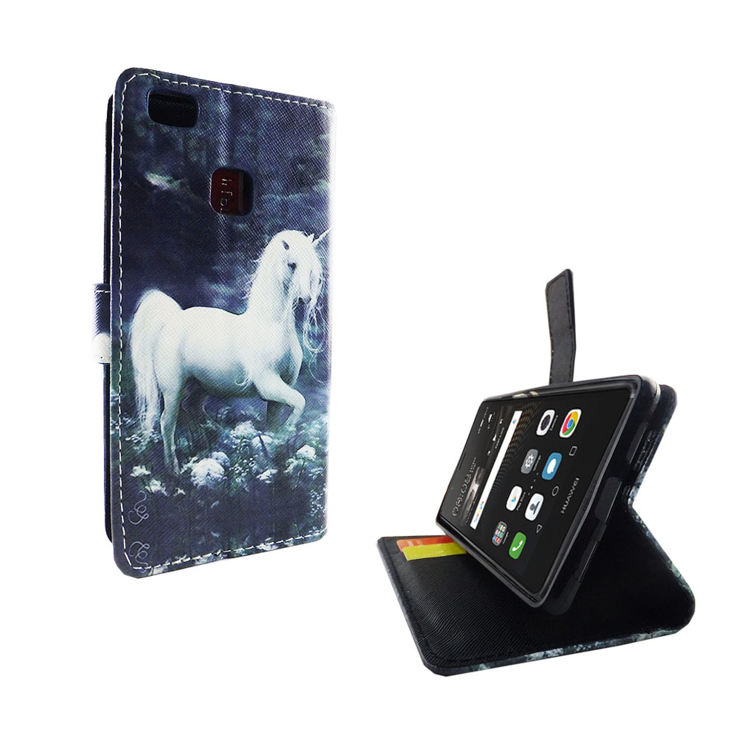 Handyhülle mit Einhorn. Telefon innen. Weißer Hintergrund.
