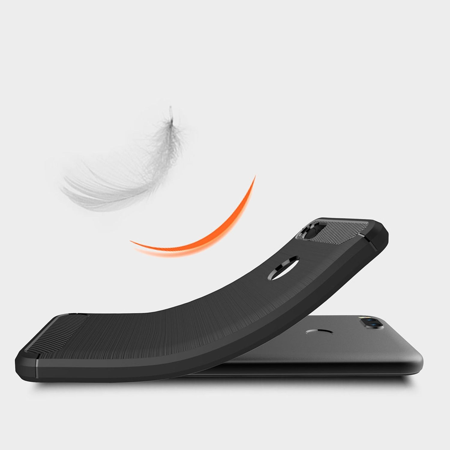 Schwarze Handyhülle mit geschwungener Form, mit Feder und orangefarbenem Bogen. Weißer Hintergrund.