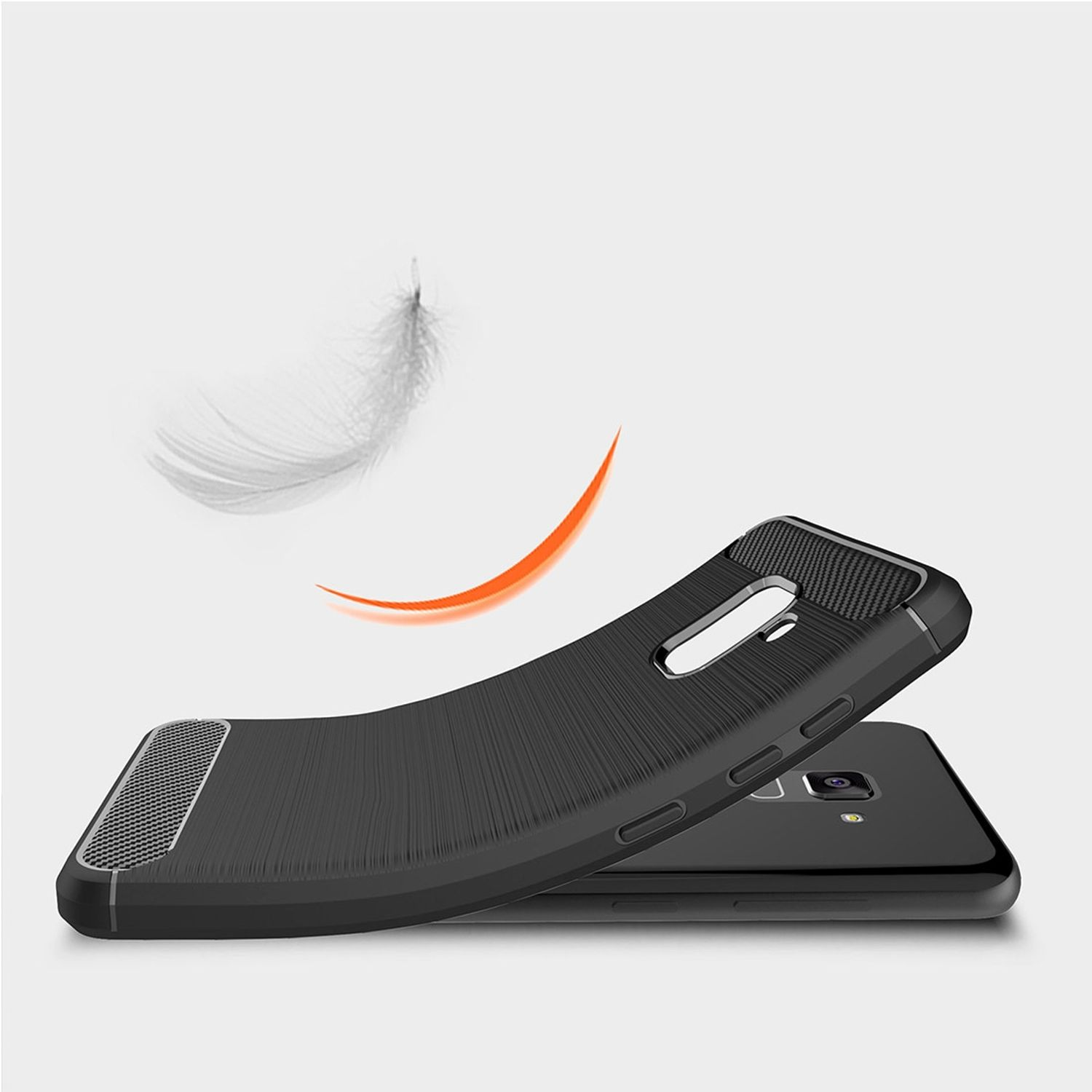 Schwarze Handyhülle mit Textur, das Telefon darin.