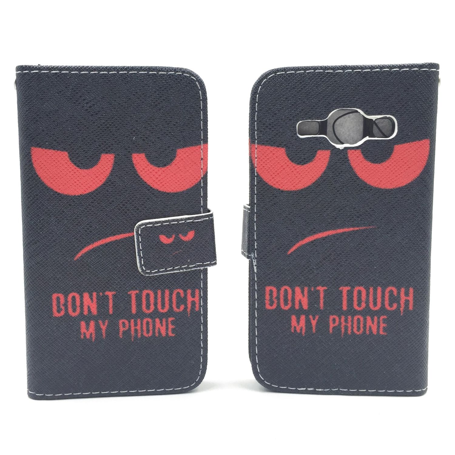 Schwarze Handyhülle, rotes wütendes Gesichtsdesign, mit Text 'DON'T TOUCH MY PHONE'. Sie ist geöffnet.