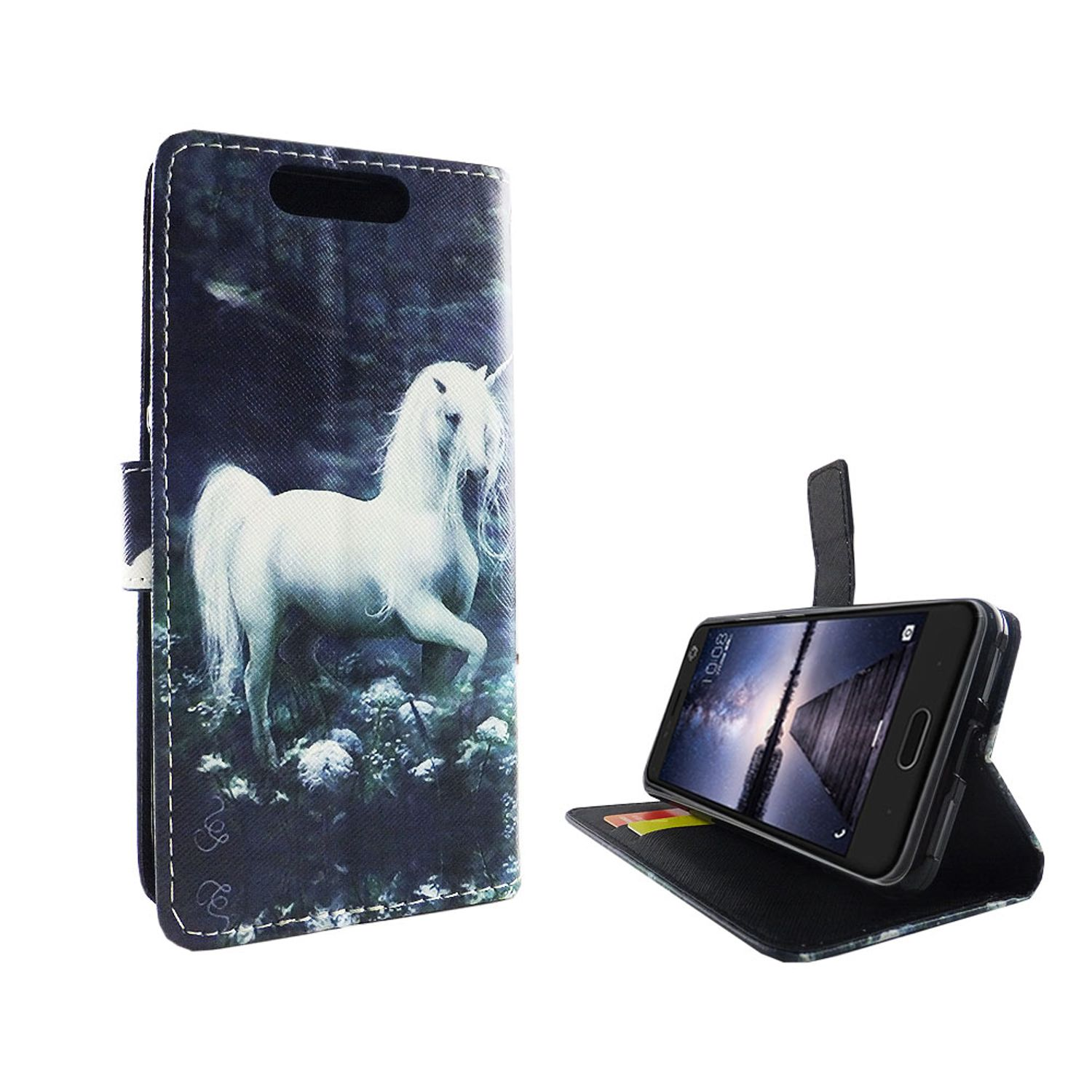 Handyhülle mit weißer Einhorn-Illustration. Ein Telefon wird in der geöffneten Hülle auf weißem Hintergrund angezeigt.
