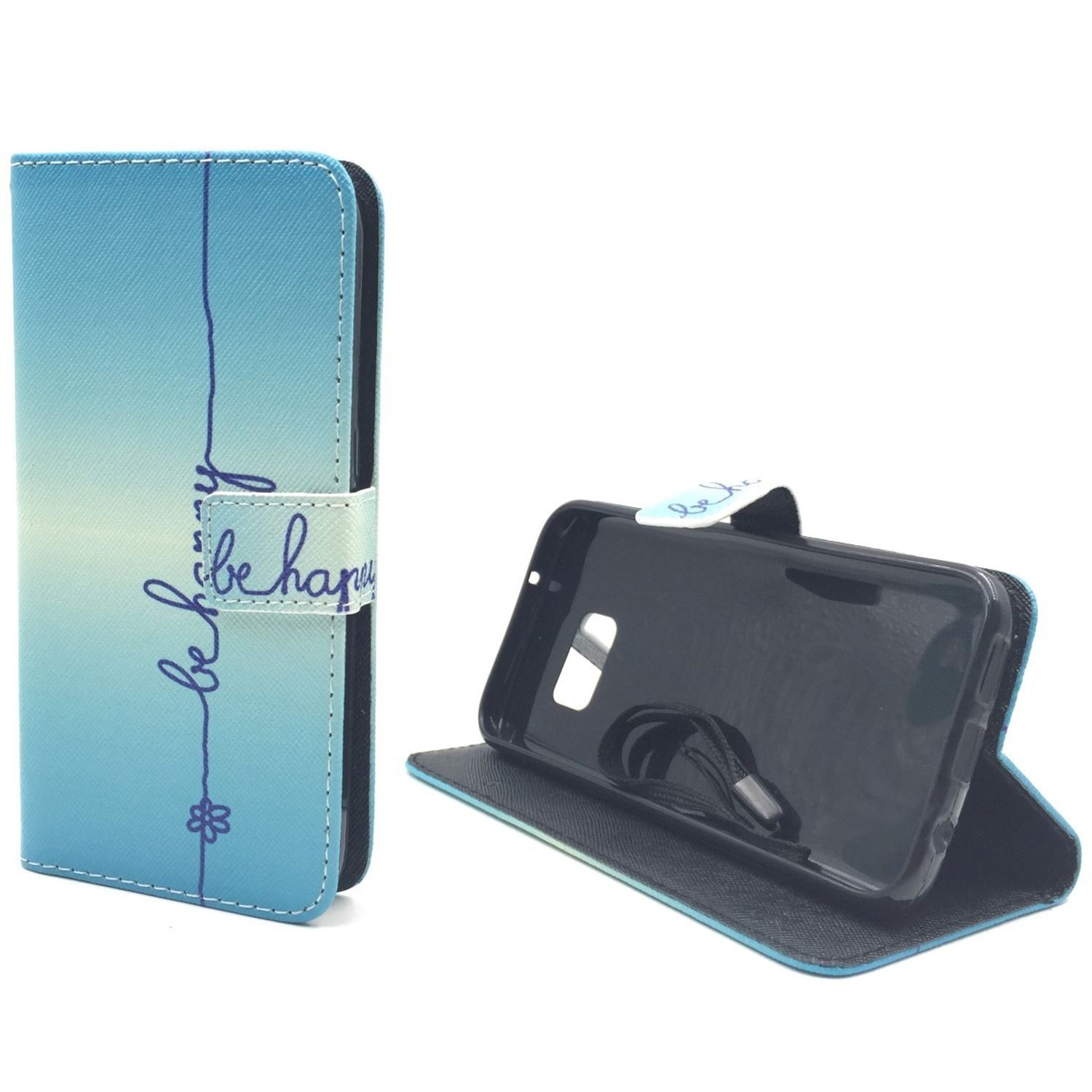 Blaue Handyhülle mit "be happy" darauf. Ein Telefon befindet sich in der geöffneten Hülle. Weißer Hintergrund.