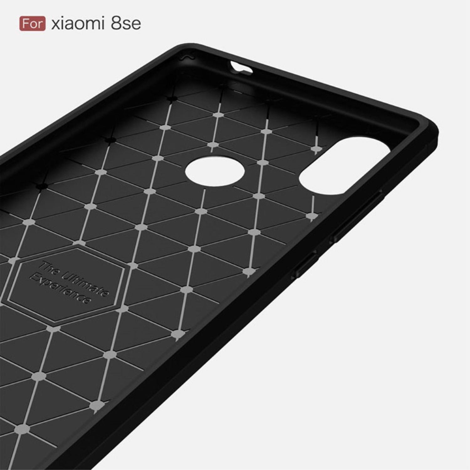 Schwarze Handyhülle für Xiaomi 8se mit geometrischem Muster. Heller Hintergrund.