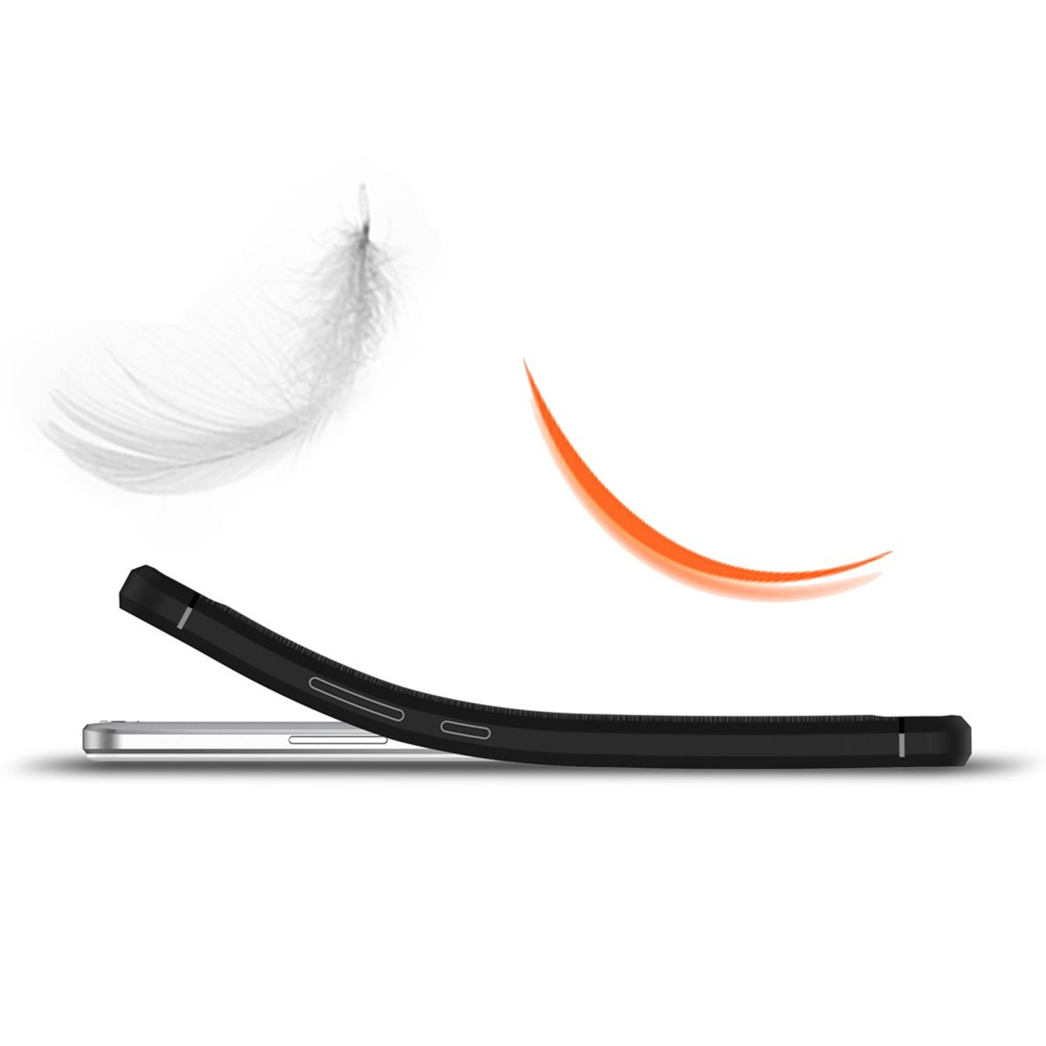 Eine schwarze Handyhülle, biegt sich, mit einer Feder und einer orangefarbenen Kurve.