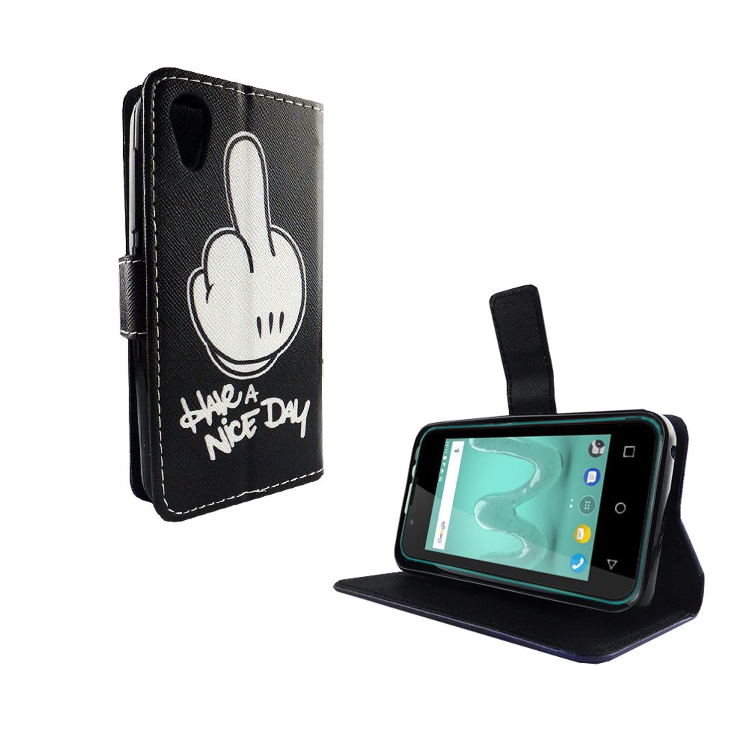 Schwarze Handyhülle mit Mittelfinger und Text 'Have a Nice Day', offene Hülle mit Telefon.