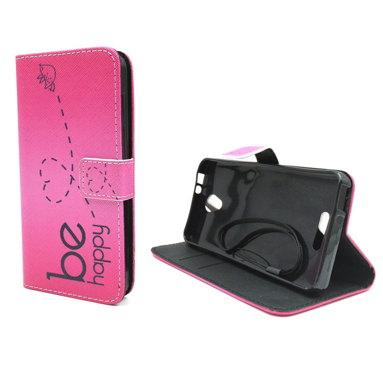 Pinke Handyhülle mit 'be happy'-Grafik und einem schwarzen Telefon darin.