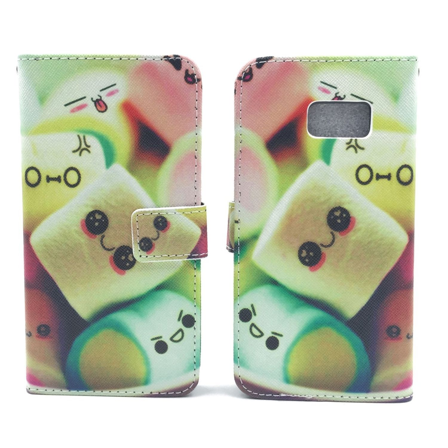 Handyhülle mit marshmallowartigen Figuren. Die offene Hülle zeigt das Innere mit dem Telefonhalter.