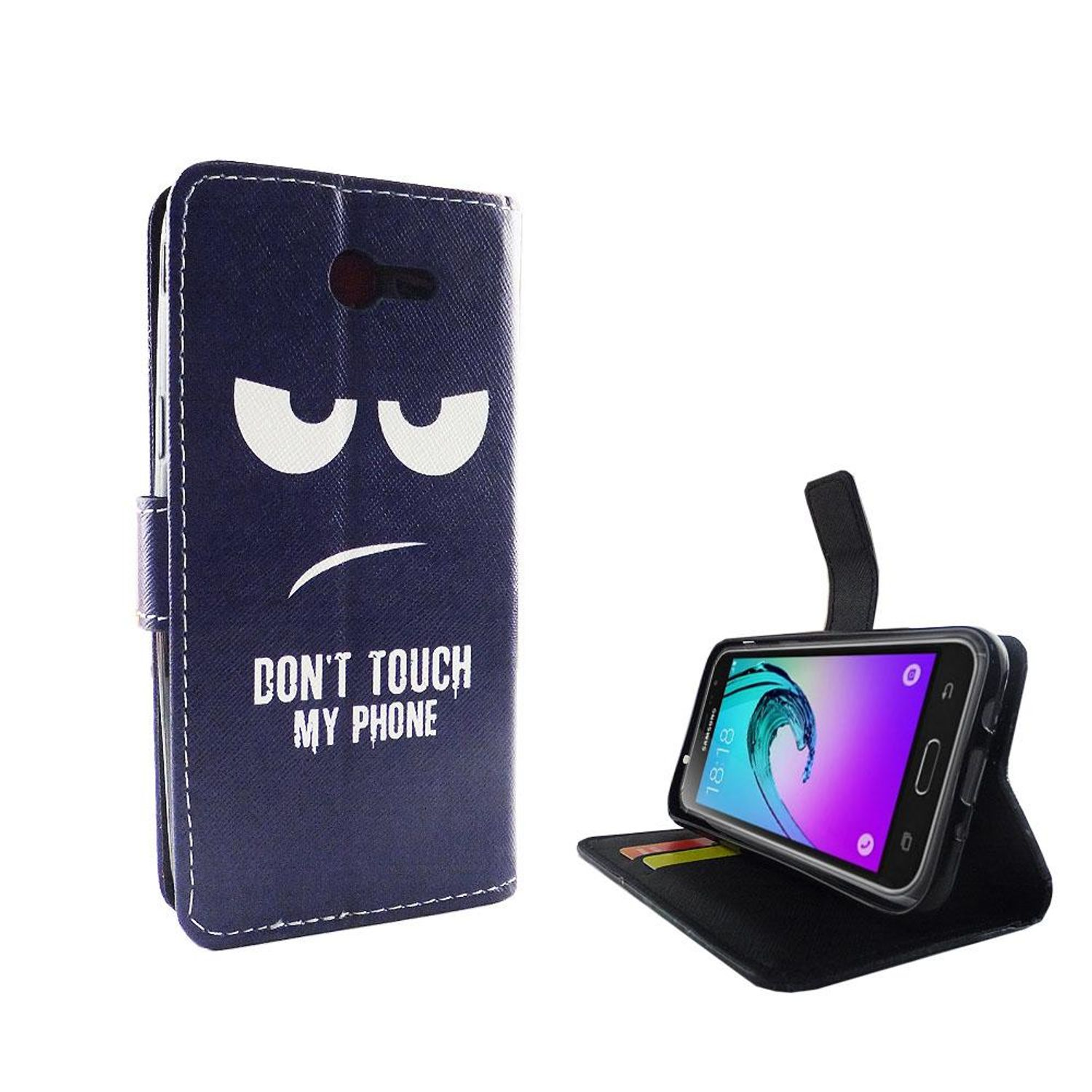Blaue Handyhülle mit wütendem Gesicht und Text 'DON'T TOUCH MY PHONE'. Telefon innen.