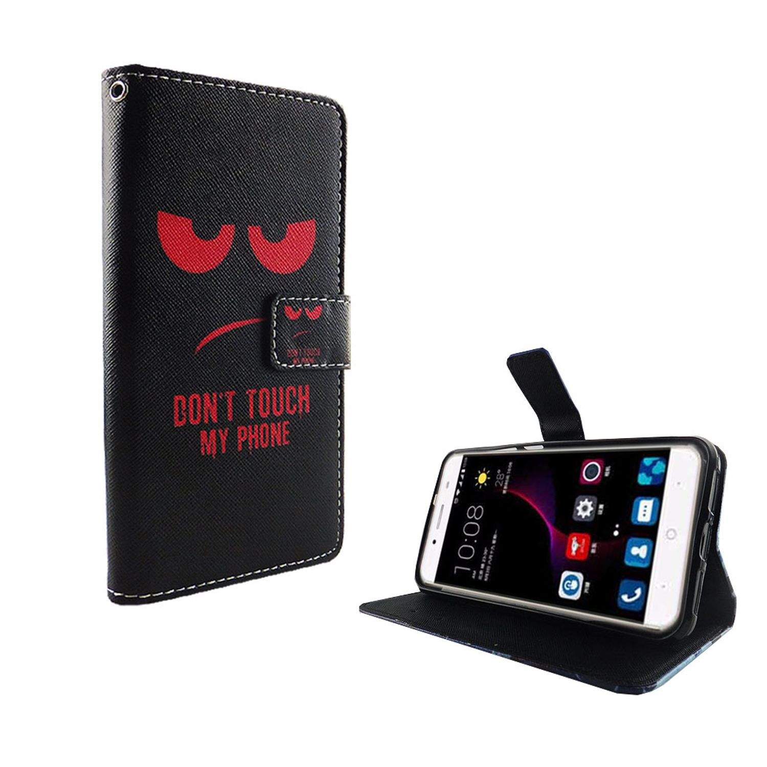 Schwarze Handyhülle mit rotem wütendem Gesicht und den Worten 'DON'T TOUCH MY PHONE'. Geöffnete Hülle mit Telefon.