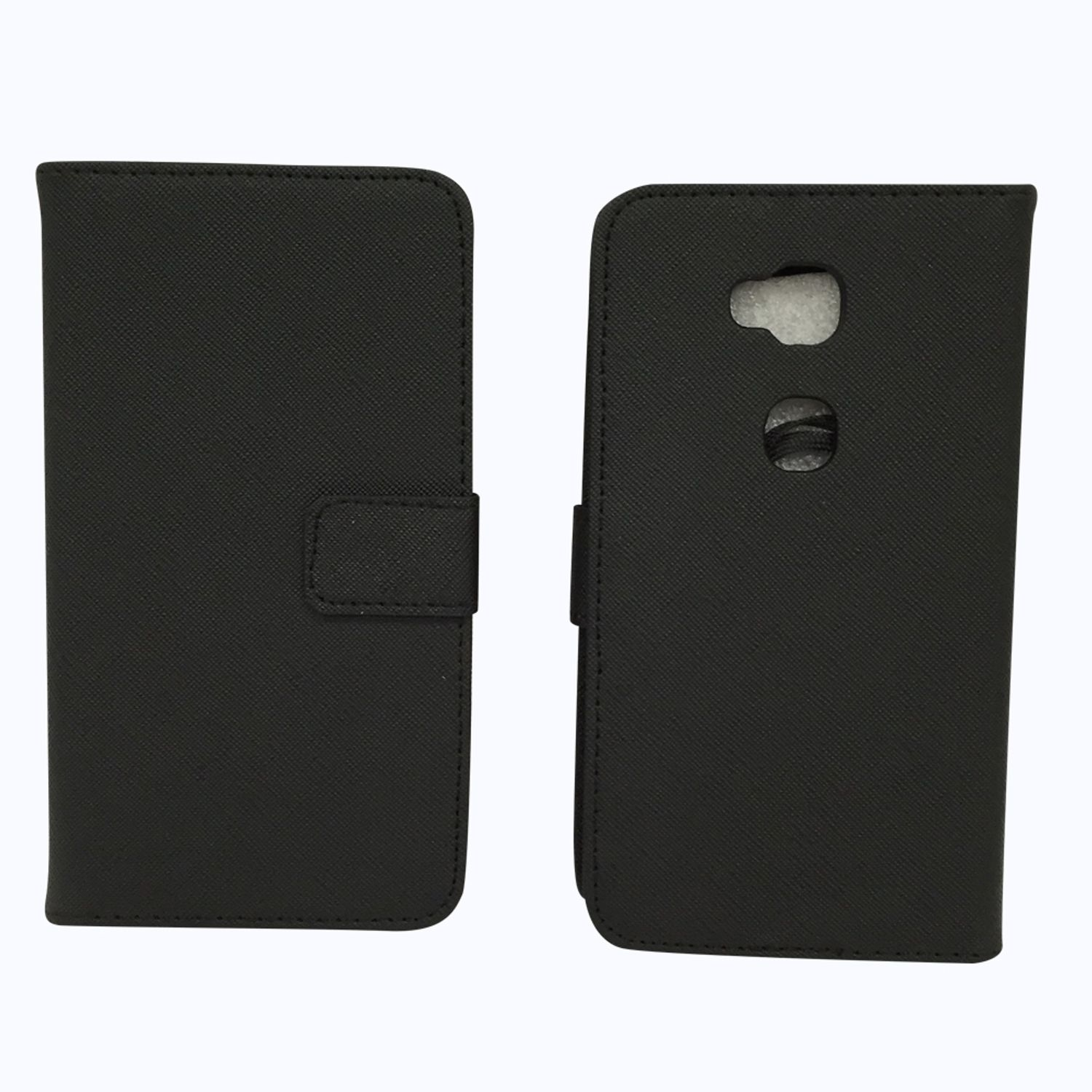 Schwarze Handyhülle, geschlossen, mit einem Knopf und einem Ausschnitt für die Kamera.