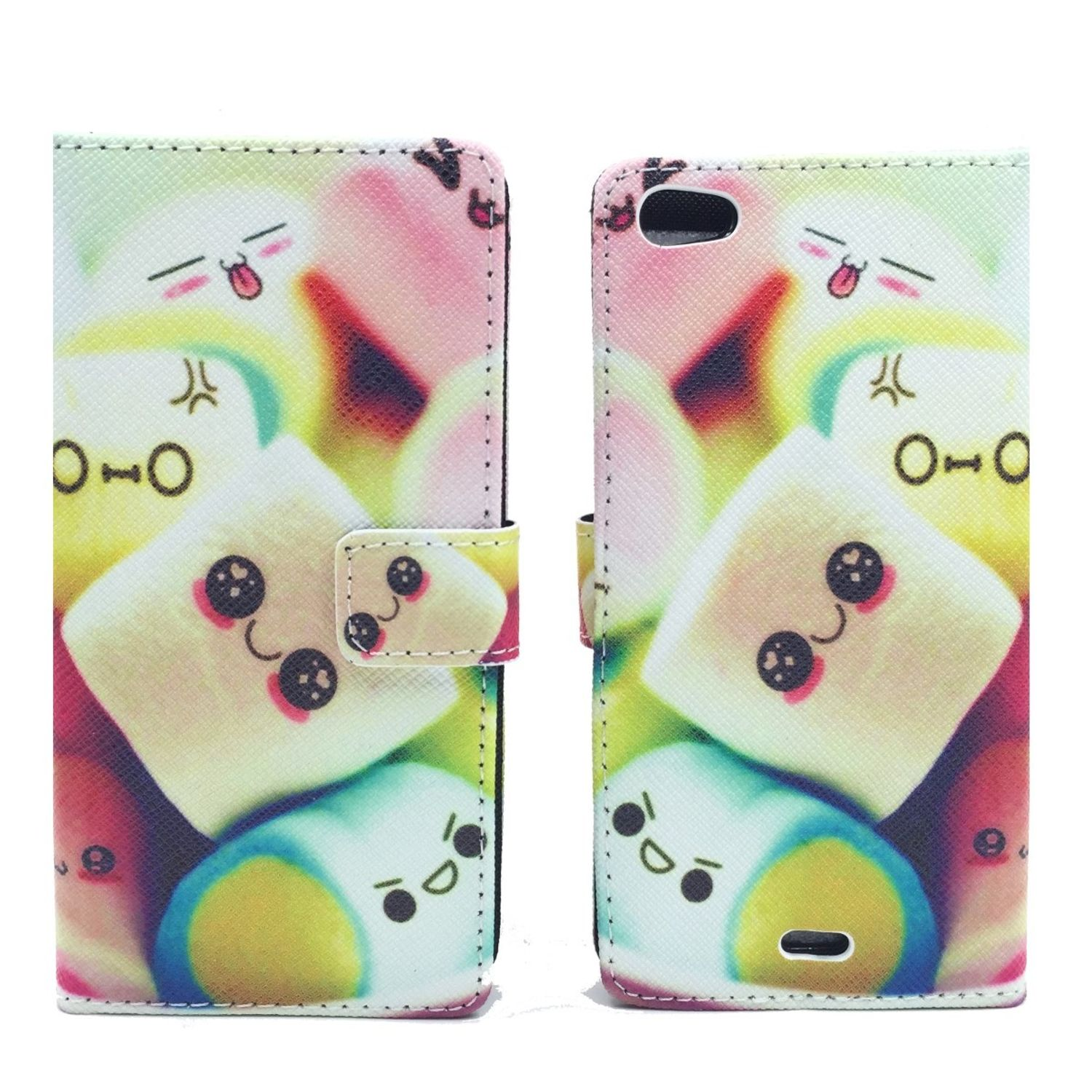 Telefonhülle mit Cartoon-Marshmallows. Sie ist offen, mit Marshmallows auf beiden Seiten.