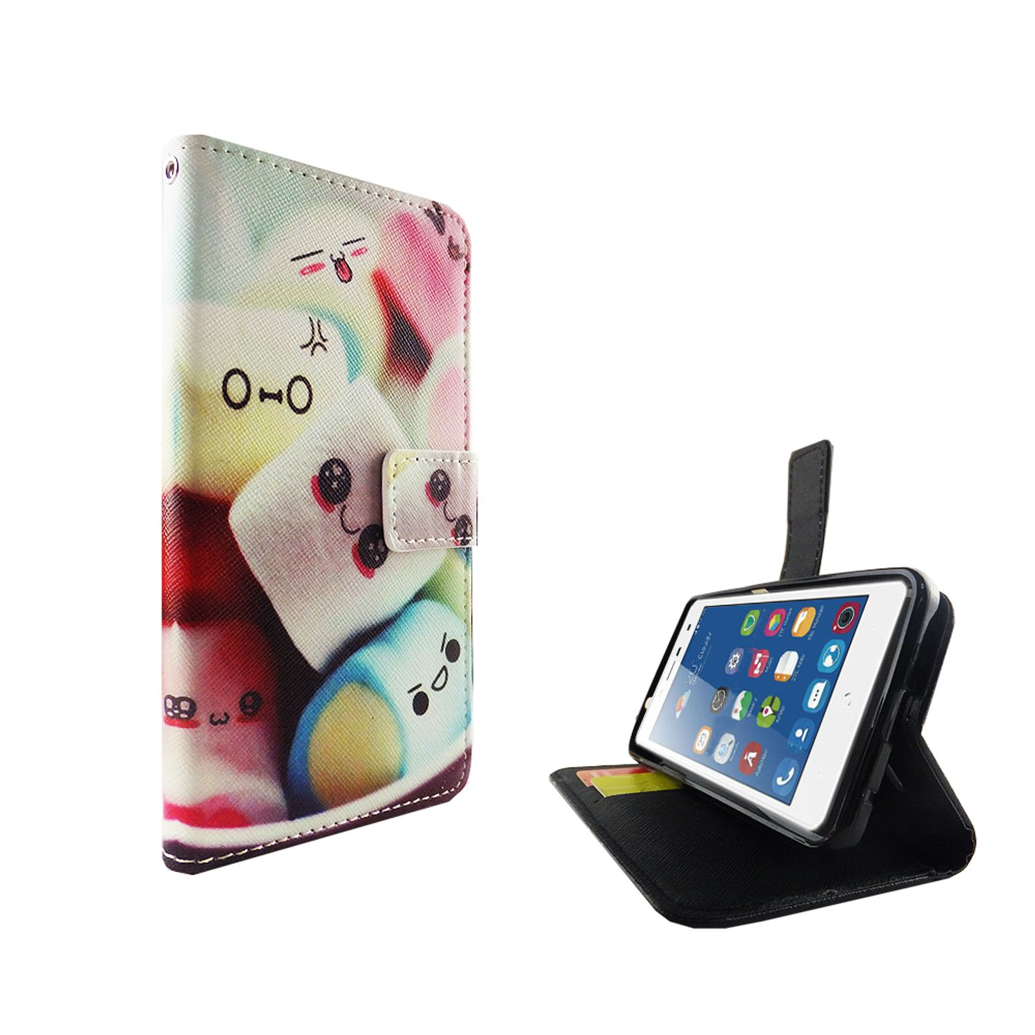 Handyhülle mit bunten Marshmallows, ein Telefon wird in der offenen Hülle angezeigt.