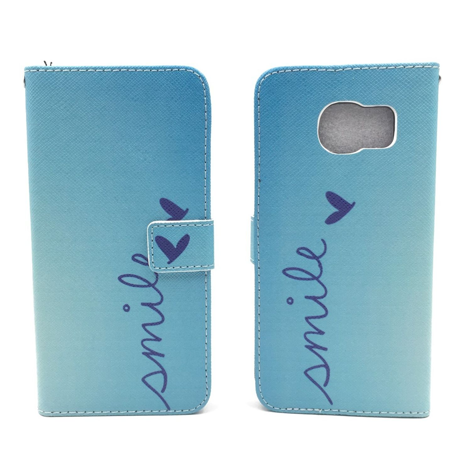 Blaue Handyhülle mit dem Wort 'smile', mit zwei Herz-Design. Zwei Seiten sind sichtbar.