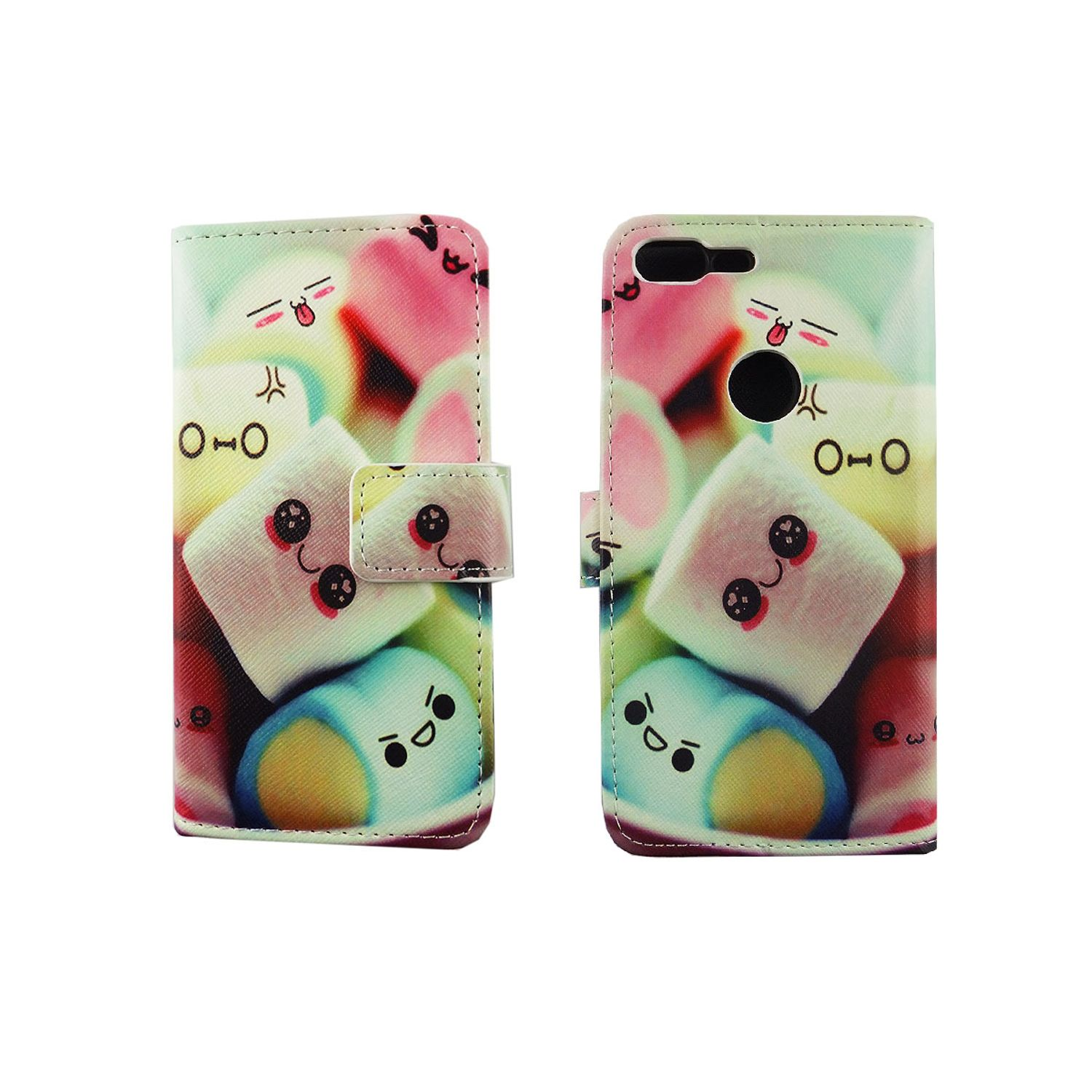 Handyhülle mit Cartoon-Marshmallows. Die Hülle ist offen und zeigt das Telefon im Inneren.