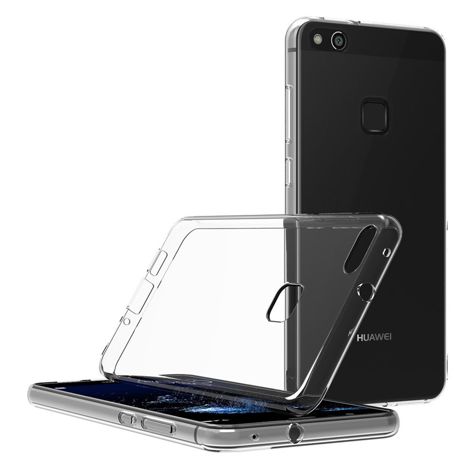 Eine transparente Handyhülle auf einem schwarzen Telefon, mit einem anderen Telefon dahinter.