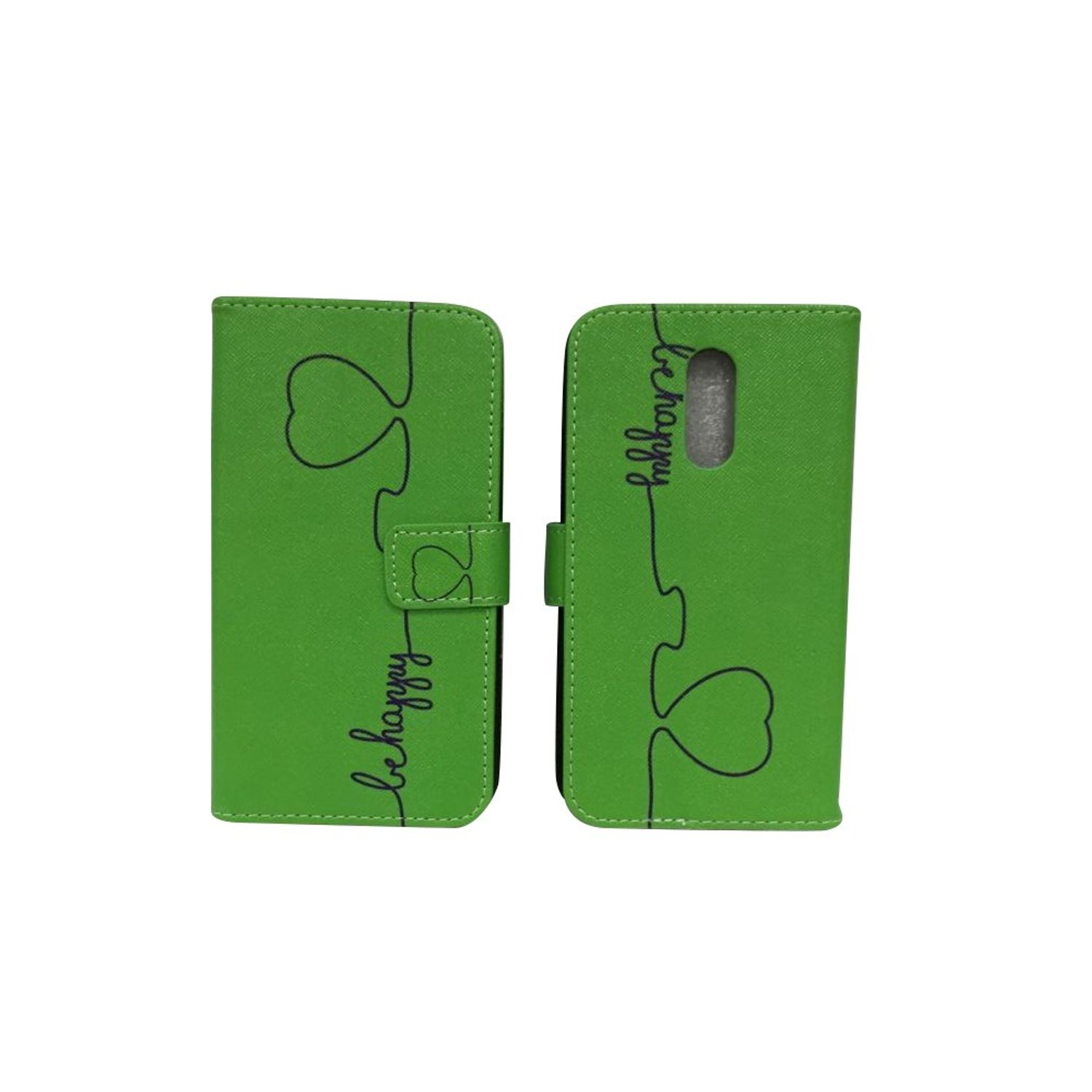 Eine grüne Handyhülle mit einem Puzzleteil-Design und den Worten „sei glücklich“ darauf.