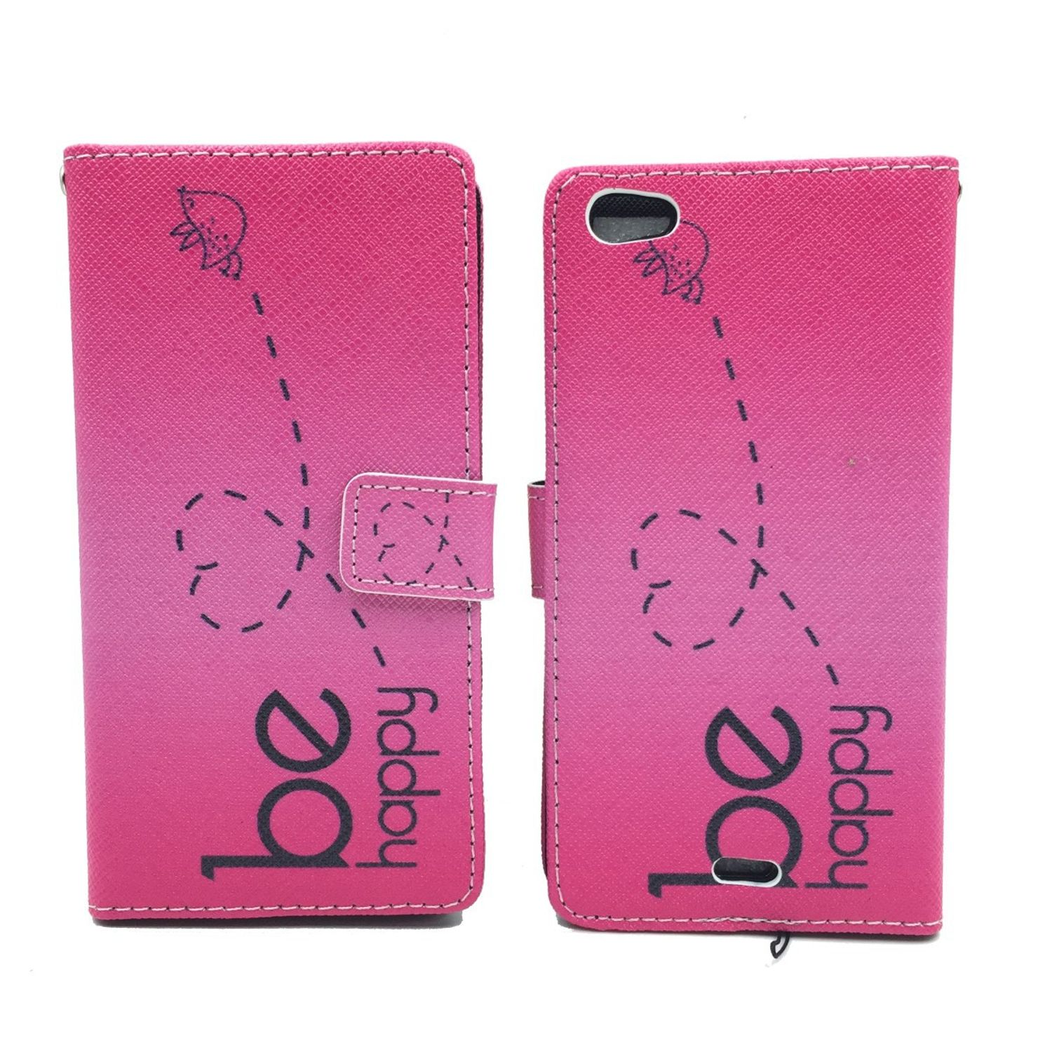 Eine pinkfarbene Handyhülle mit dem Schriftzug „be happy“ und einem gepunkteten Design.