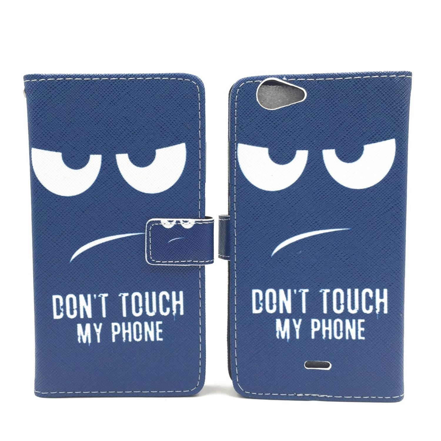 Zwei blaue Handyhüllen mit Gesichtsdesign und Text "DON'T TOUCH MY PHONE" vor weißem Hintergrund.
